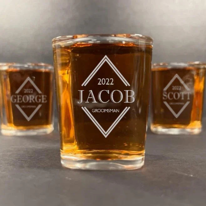 Personalized Suit Up Shot Proposal Set with engraved wooden card and custom shot glass for groomsman proposal
