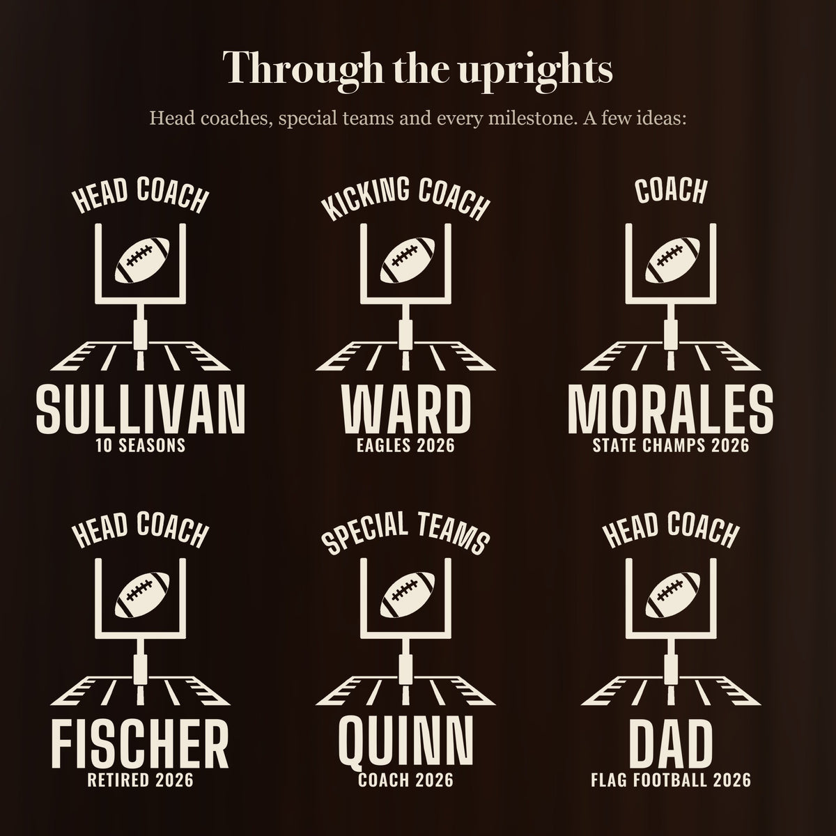 Six ways to engrave the head coach football beer stein: Head Coach Sullivan, Kicking Coach Ward, Coach Morales, Head Coach Fischer and more