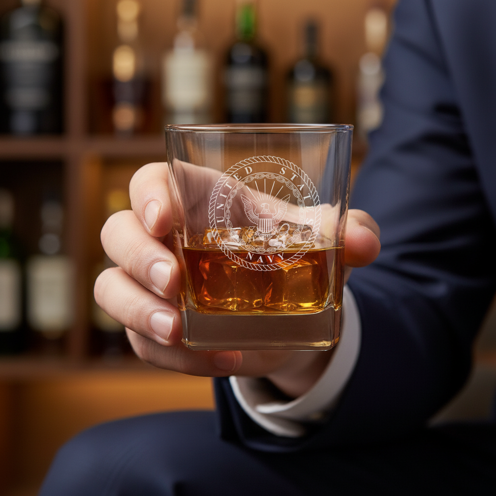 Whiskey glass engraved with sample U.S. Navy emblem and rope border, filled with amber liquid, held in hand against blurred bar background