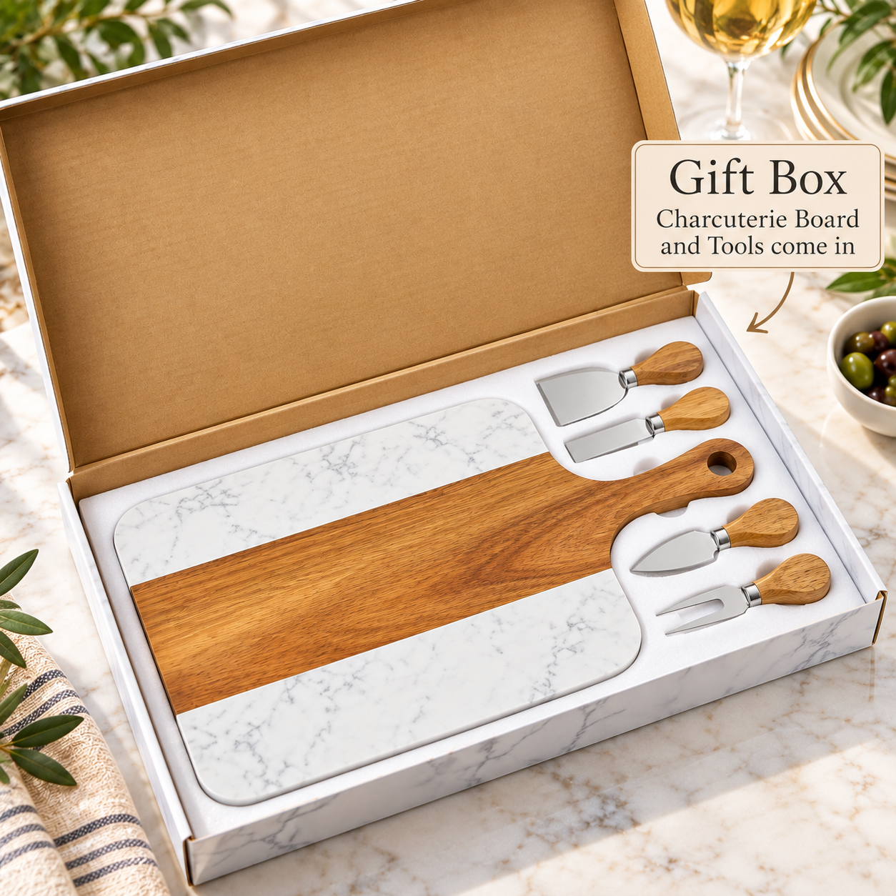 Heritage Monogram Serving Board and four wood-handled cheese tools packed in a white gift box with a foam insert, ready to give as a cooking or man cave gift