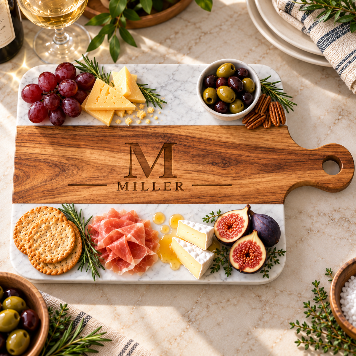Personalized charcuterie board with a monogrammed acacia center set with cheese, olives, prosciutto, figs, and crackers, ready for game day or a dinner party
