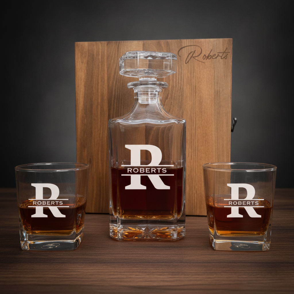 Personalized whiskey decanter and two rocks glasses engraved with a split monogram reading R over ROBERTS, with the engraved pine gift box standing behind them