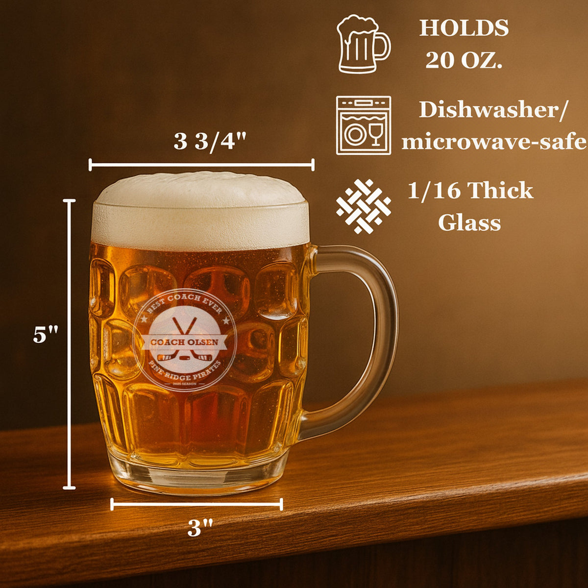 Size guide for the hockey coach beer stein, a 20 oz dimpled pub stein 5 inches tall and 3 3/4 inches across the top, engraved Best Coach Ever
