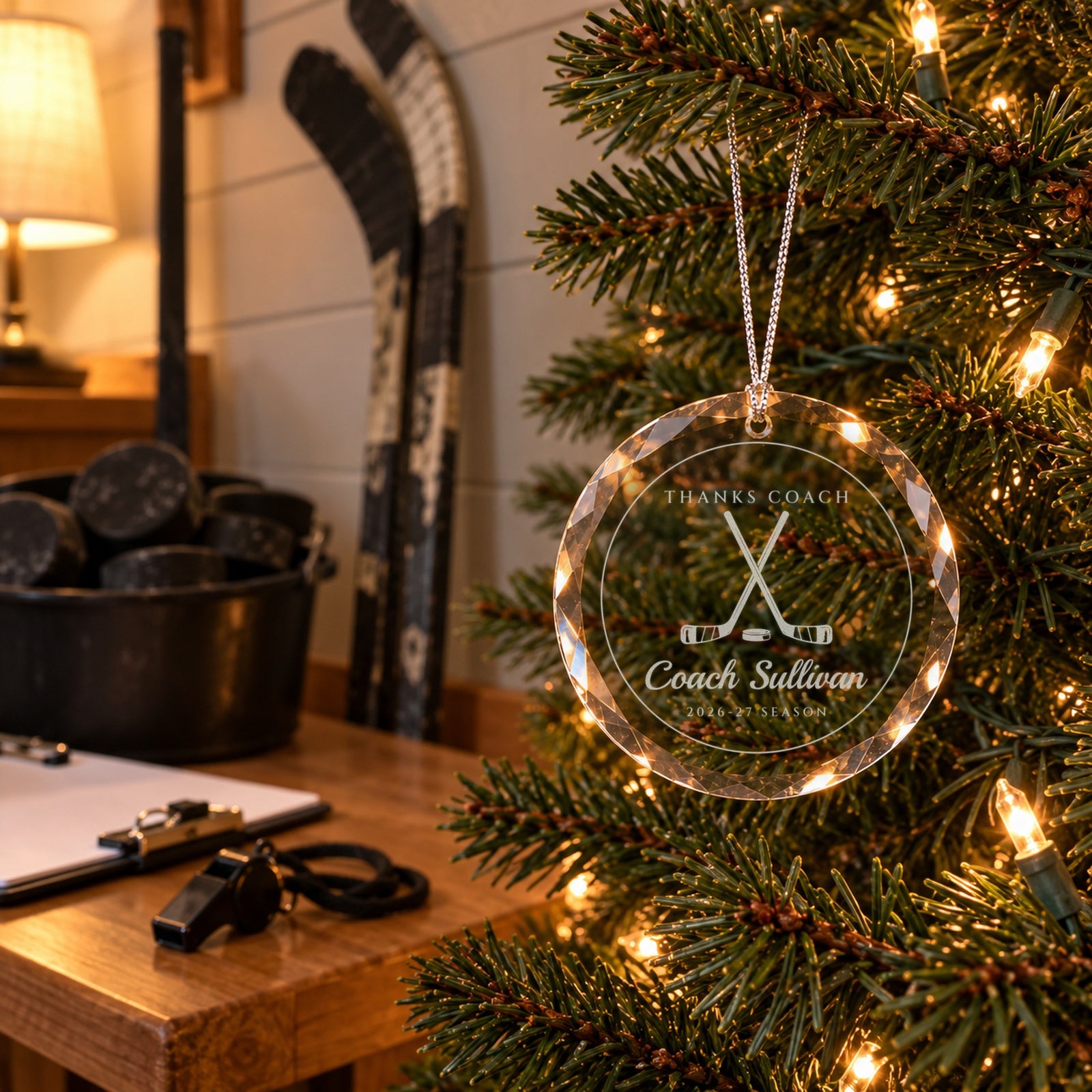 Hockey coach Christmas ornament engraved THANKS COACH, Coach Sullivan, 2026-27 SEASON on a tree beside a bucket of pucks, taped sticks and a whistle