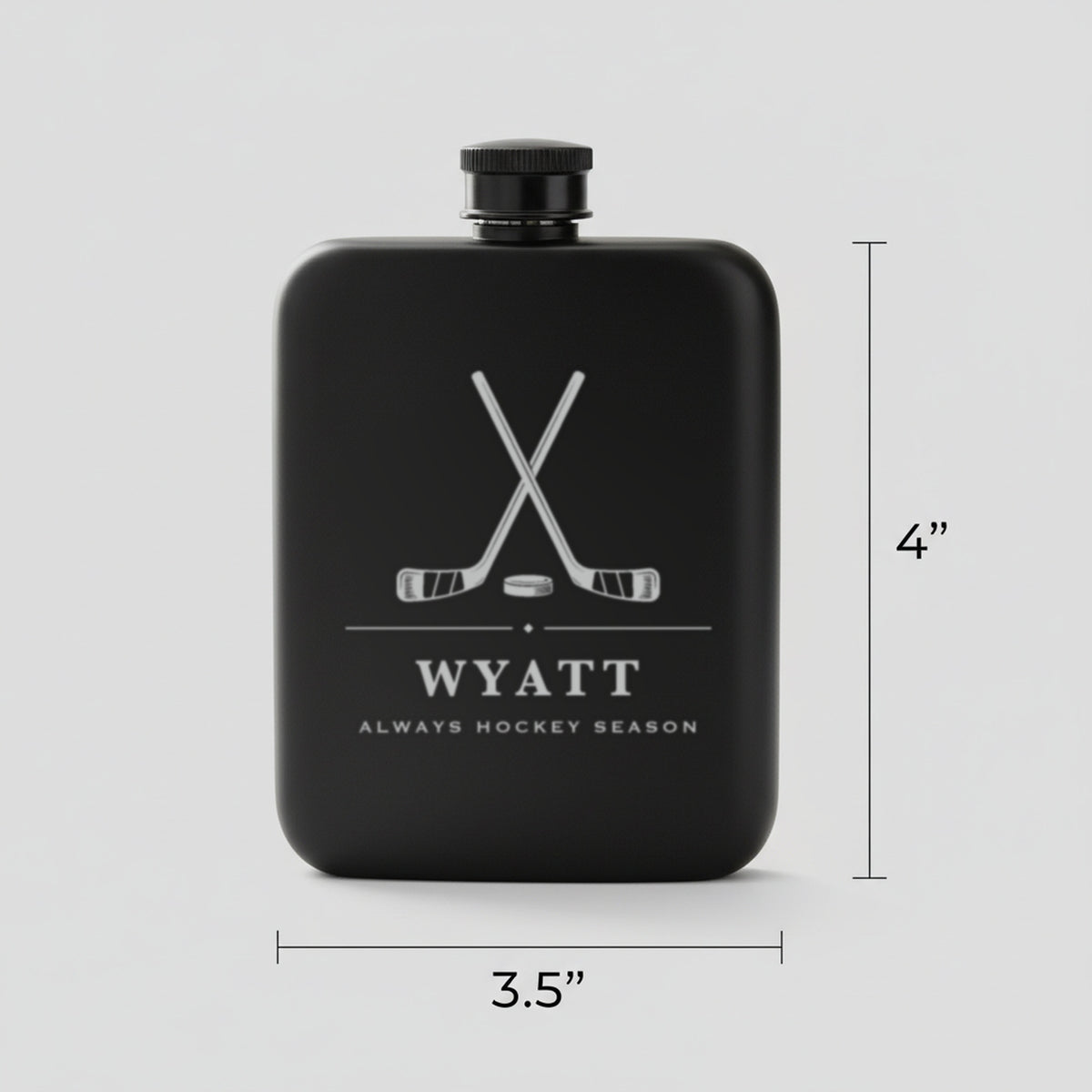 Size guide for the hockey coach flask reading Always Hockey Season, 3.5 inches wide by 4 inches tall, holding 6 ounces.
