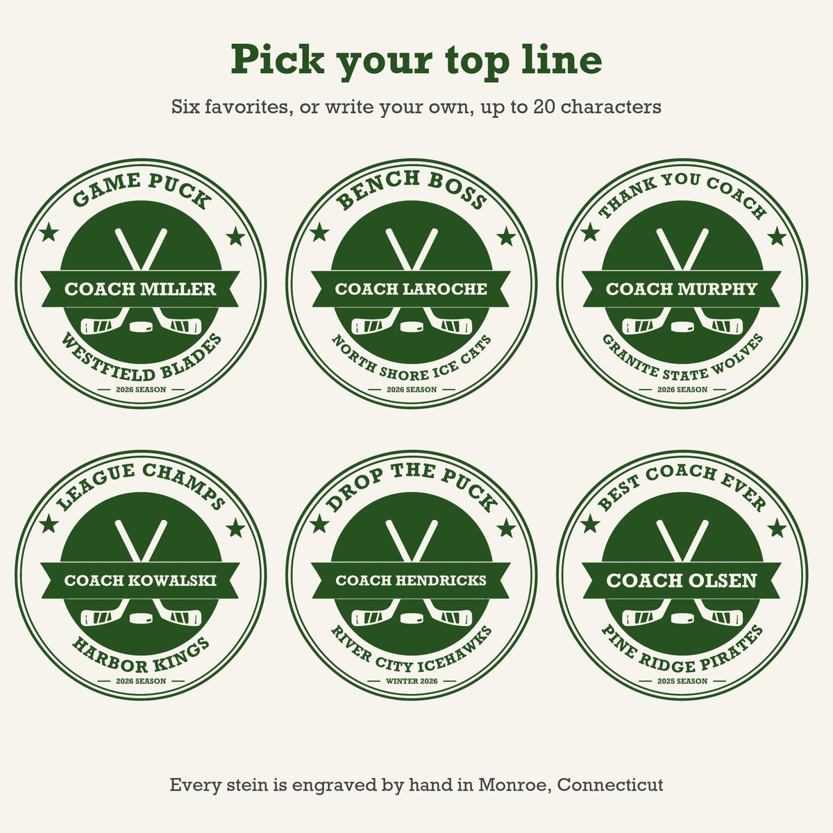 Six hockey coach stein designs showing top line ideas: Game Puck, Bench Boss, Thank You Coach, League Champs, Drop the Puck and Best Coach Ever