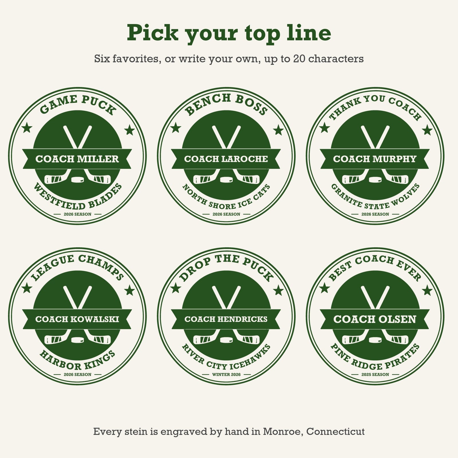 Six hockey coach stein designs showing top line ideas: Game Puck, Bench Boss, Thank You Coach, League Champs, Drop the Puck and Best Coach Ever