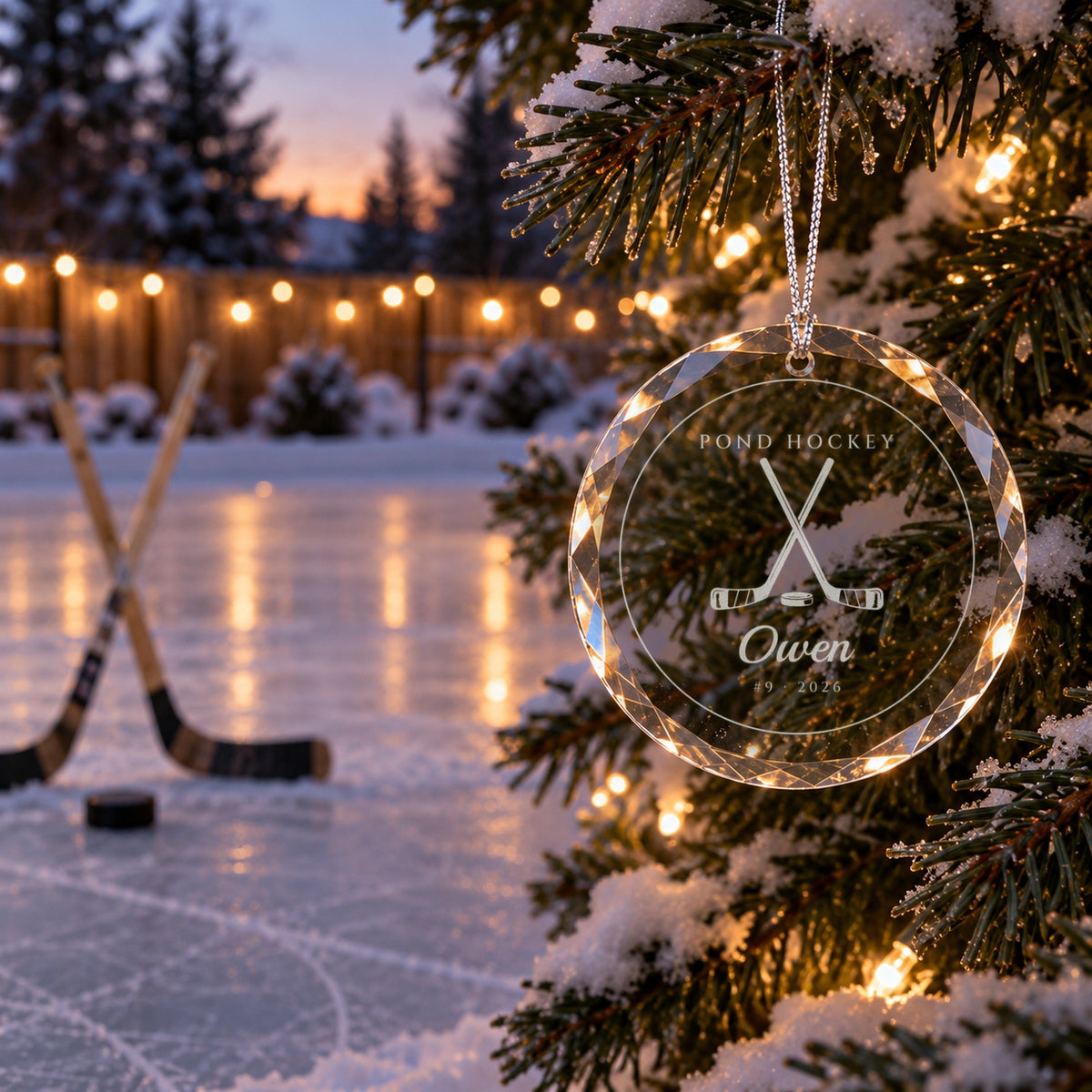 Hockey Christmas ornament engraved POND HOCKEY, Owen, #9 · 2026 hanging on a snowy pine beside a frozen backyard pond rink with two hockey sticks and a puck