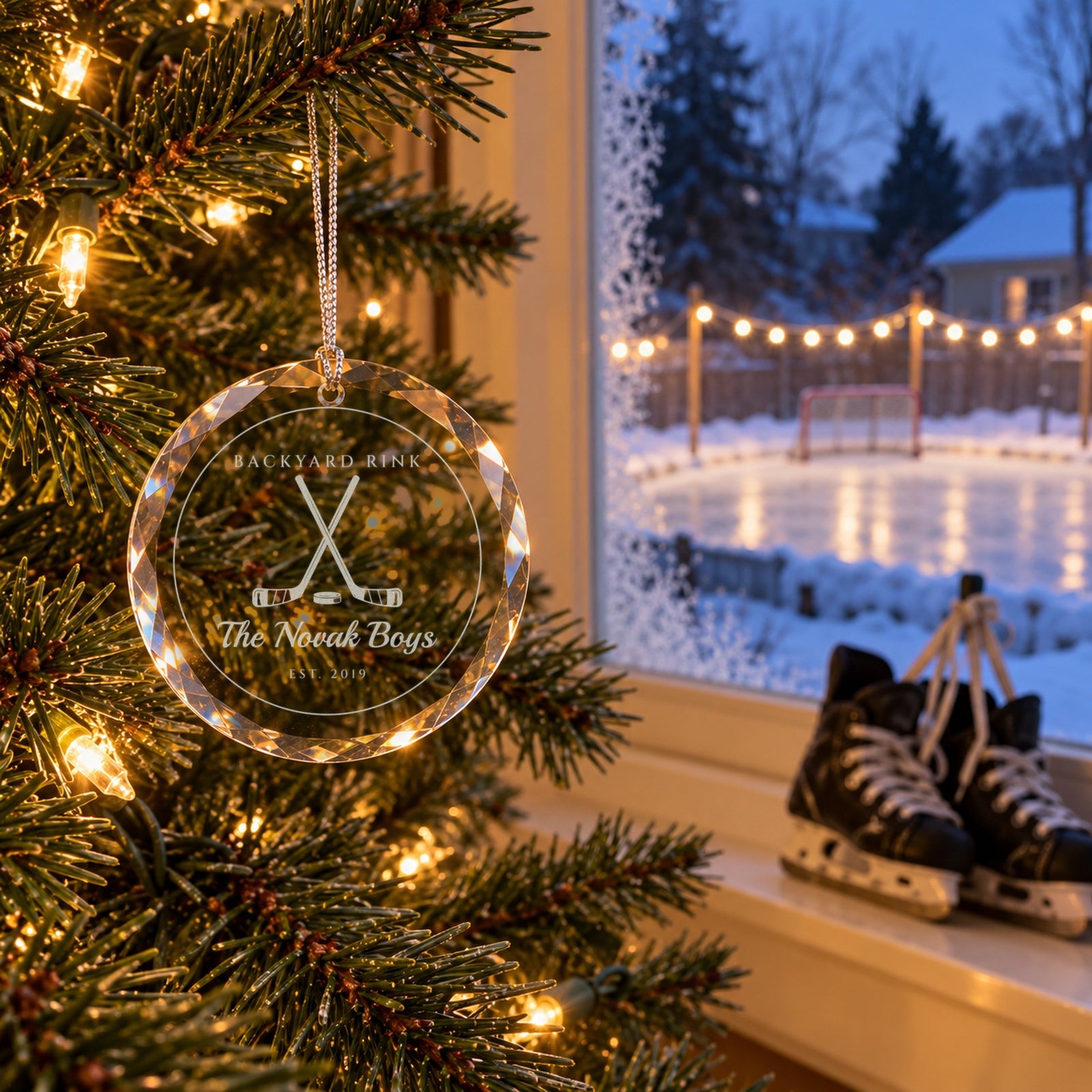 Hockey Christmas ornament engraved BACKYARD RINK, The Novak Boys, EST. 2019 by a window with a lit backyard ice rink outside and skates on the sill