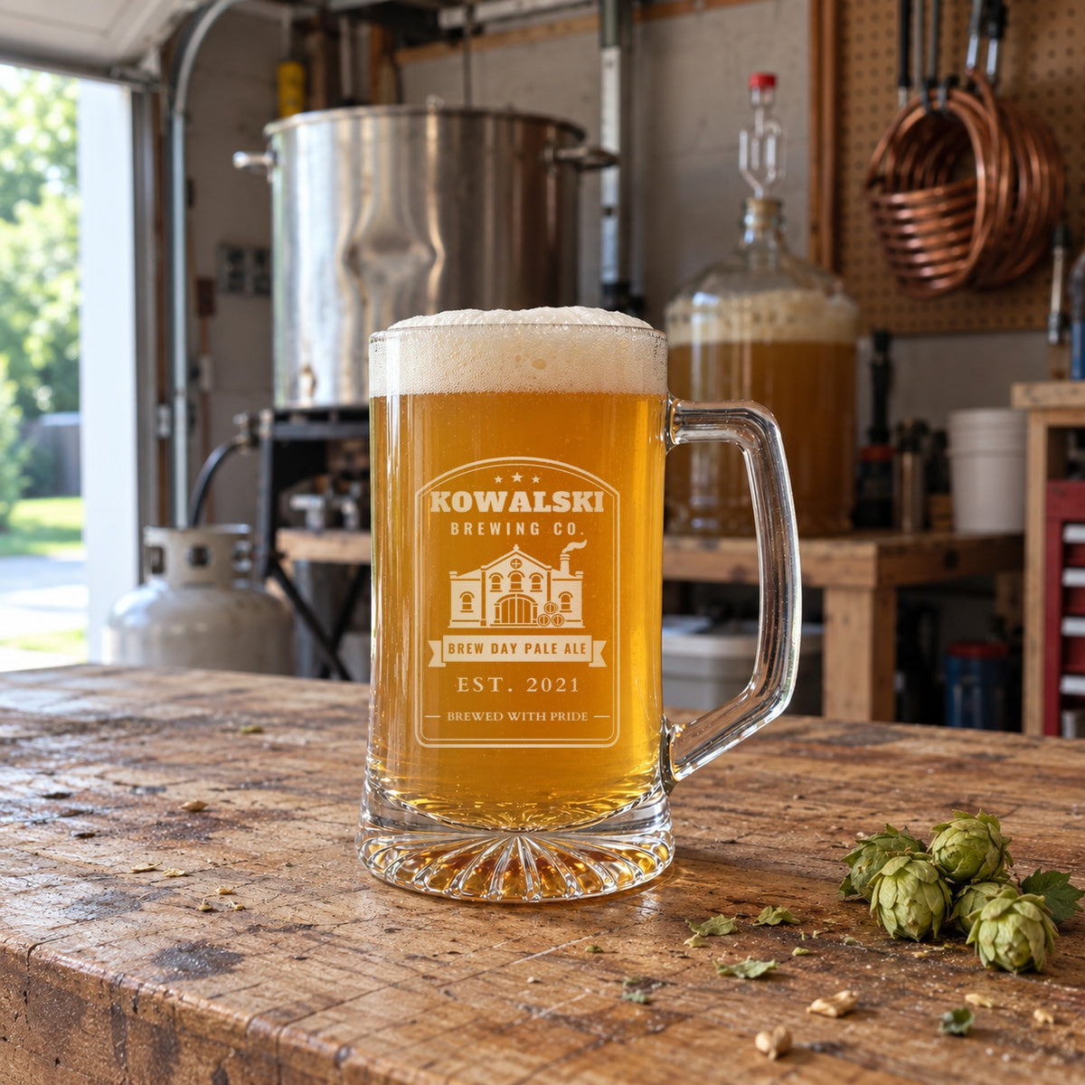 Personalized Brewing Co. beer stein on a garage workbench beside fresh hops, with a brew kettle and fermenting carboy behind it, engraved KOWALSKI