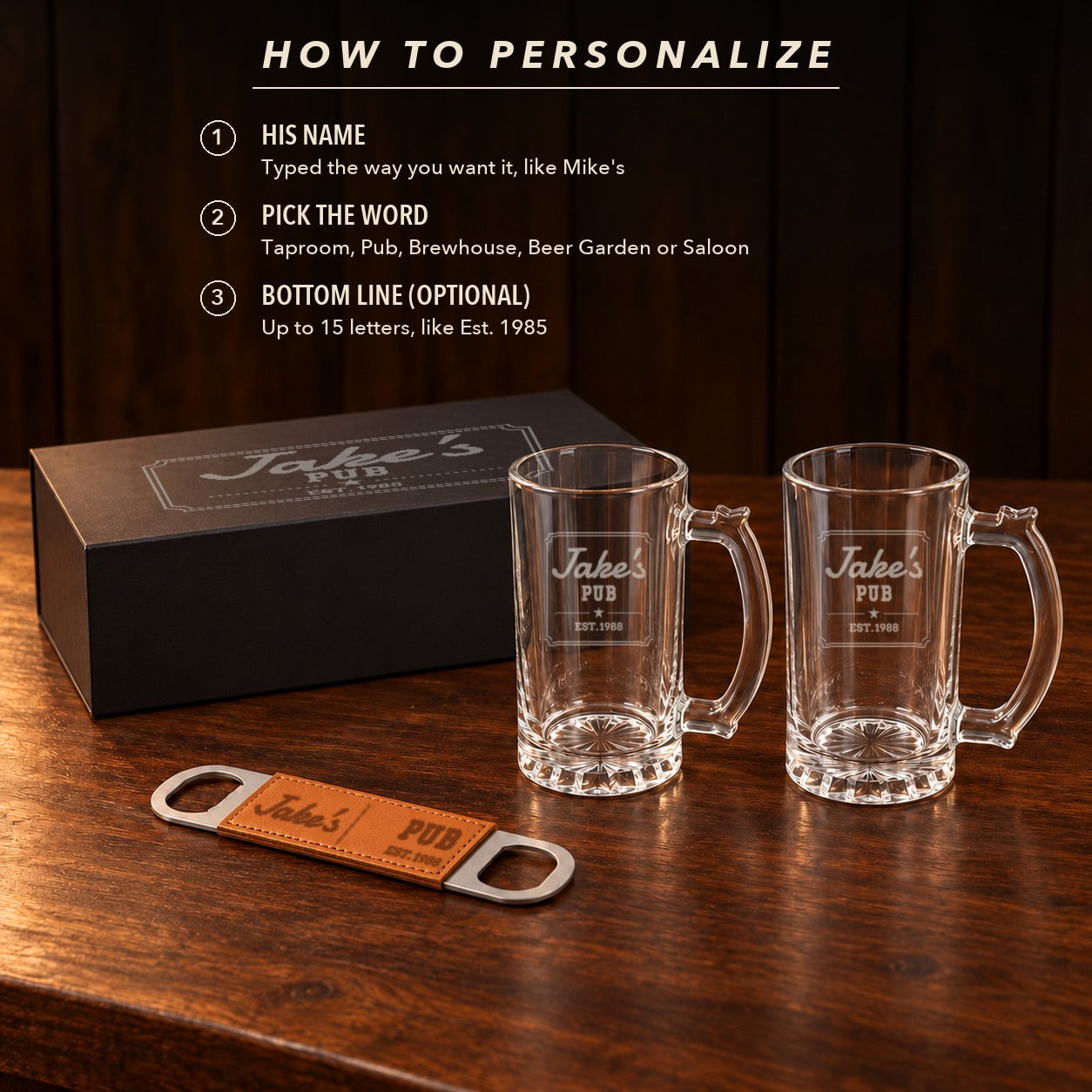 How to personalize the beer mug gift set: type his name like Mike's, pick Taproom, Pub, Brewhouse, Beer Garden or Saloon, add an optional bottom line