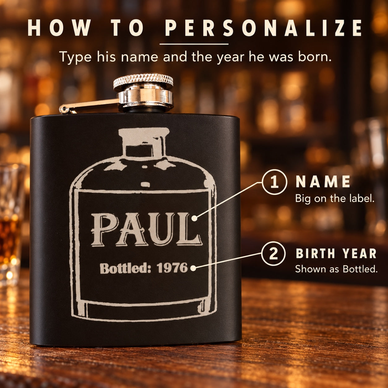 How to personalize the birthday flask: type his name for the bottle label and the year he was born, shown after Bottled, like PAUL and 1976