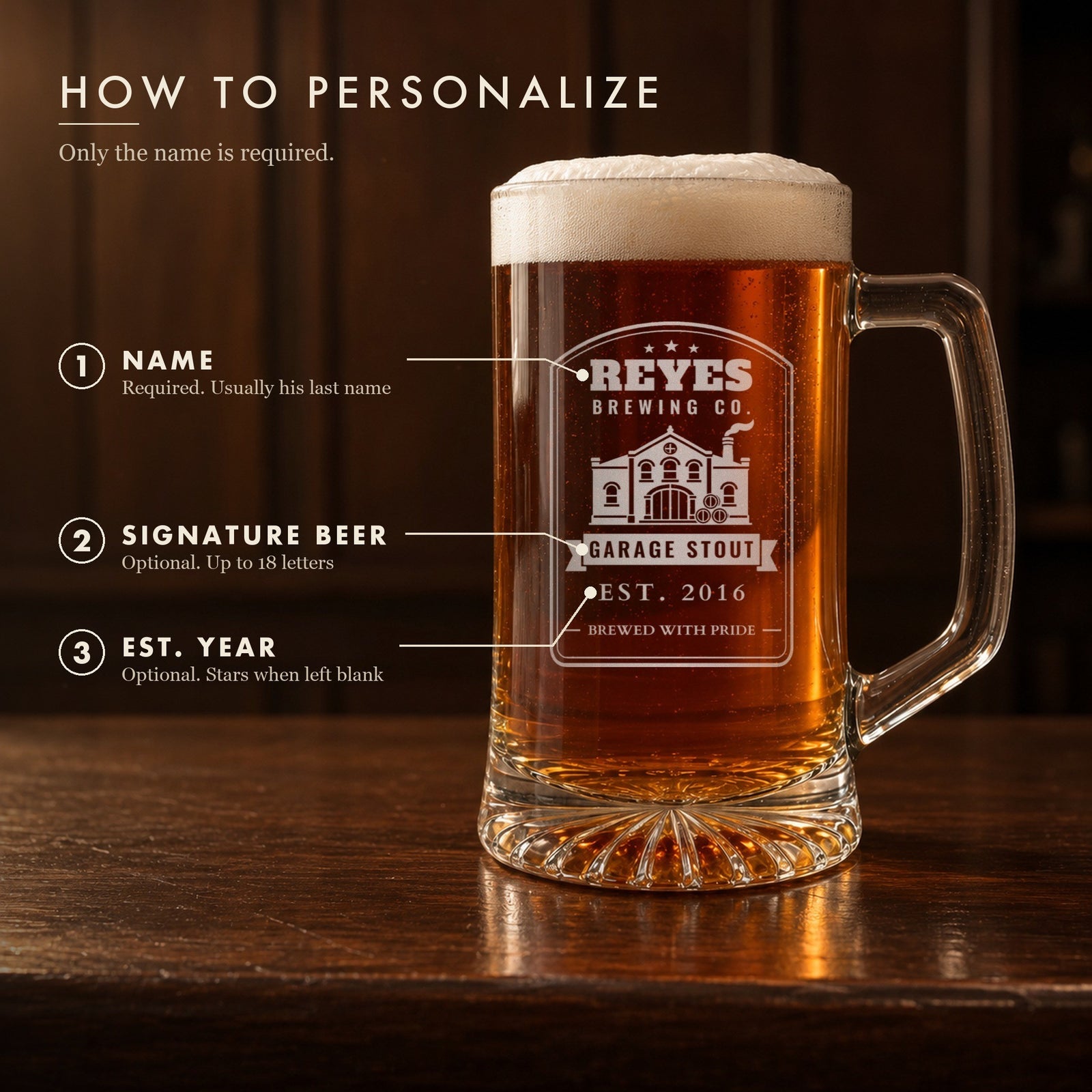 How to personalize the brewery label beer stein on a real stein: his name at the top, an optional signature beer on the banner and an optional EST. year