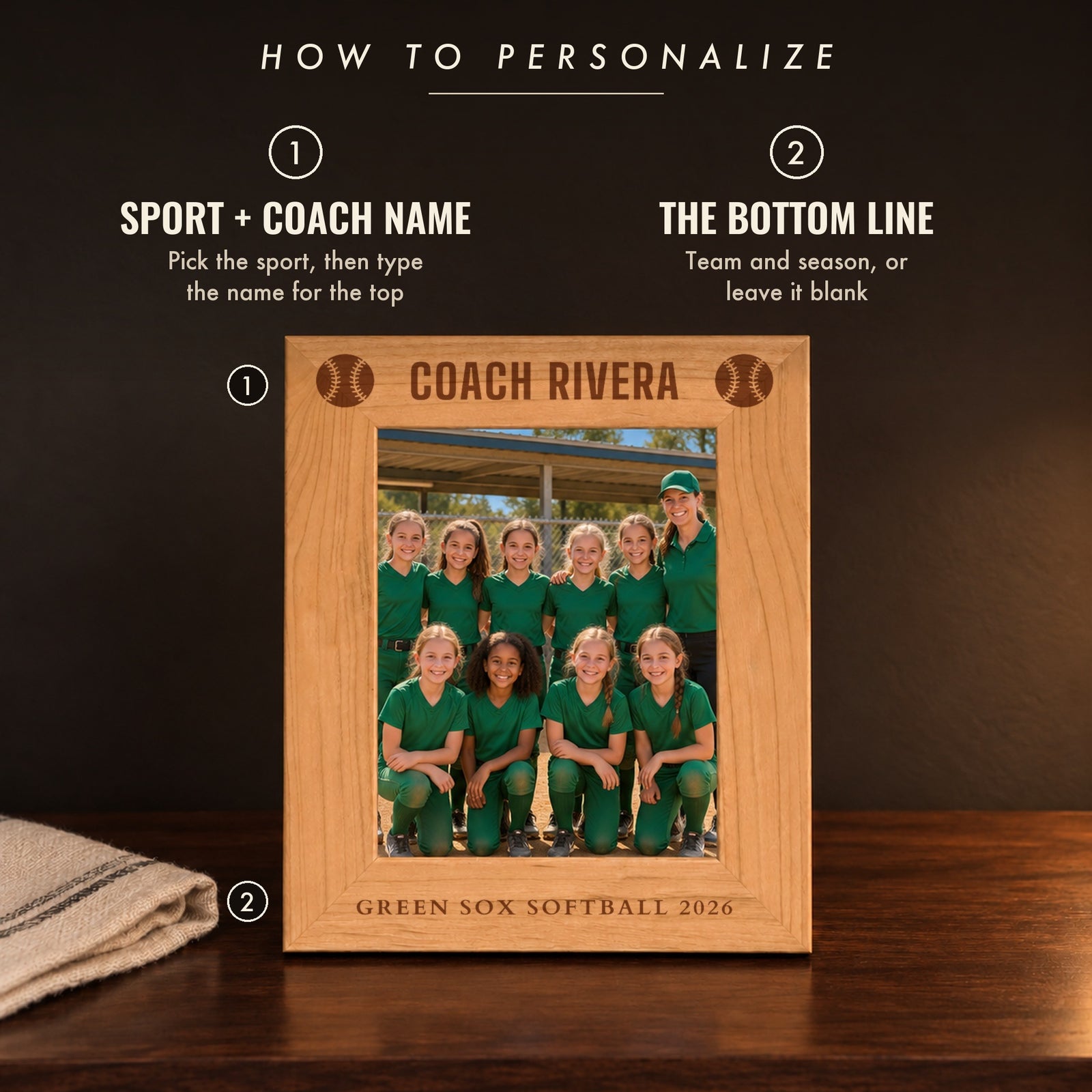 How to personalize the coach picture frame: choose the sport and coach name for the top, then the bottom line, shown as Coach Rivera softball