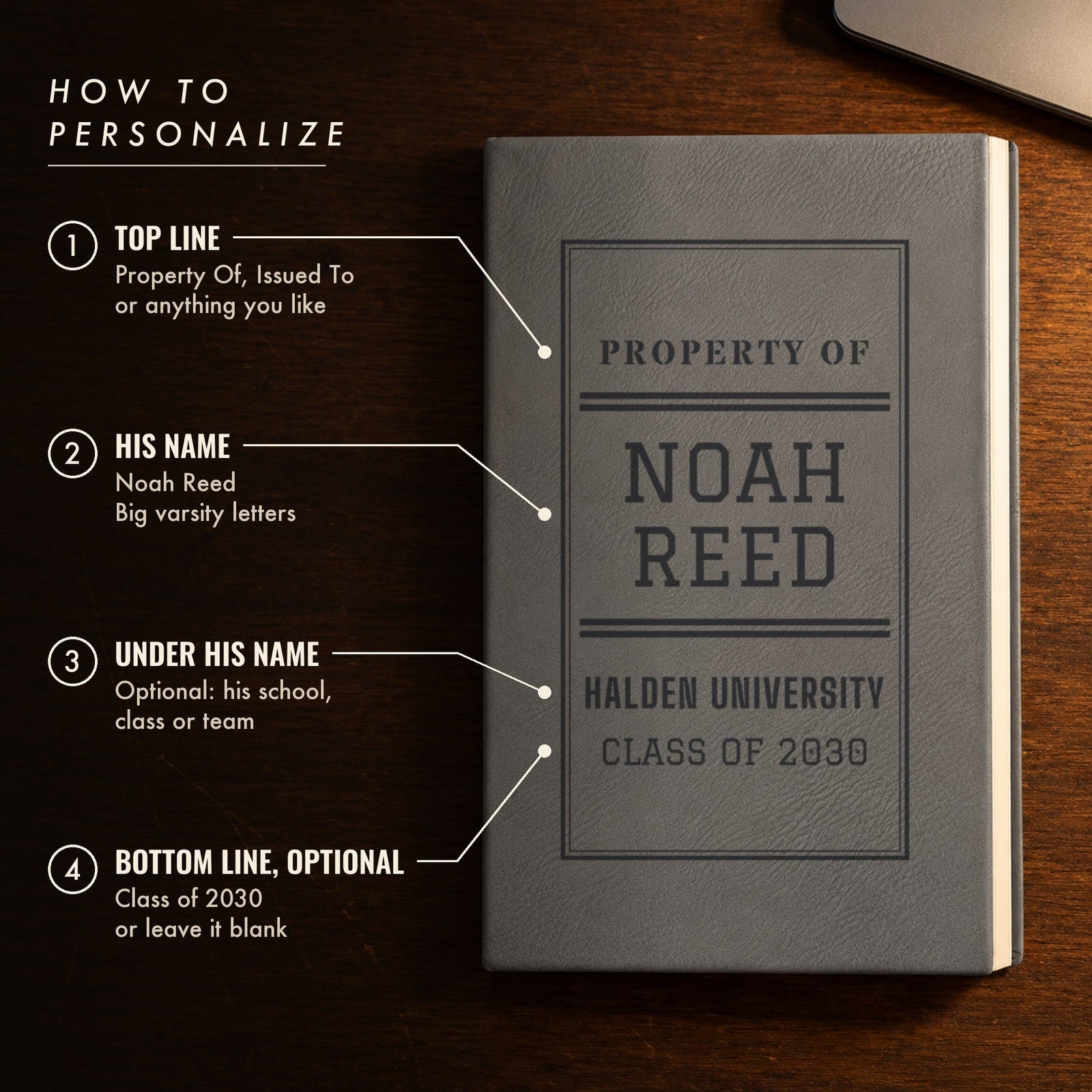 How to personalize the college journal: choose the top line, type his name, his school or class and an optional bottom line, shown in gray for Noah Reed