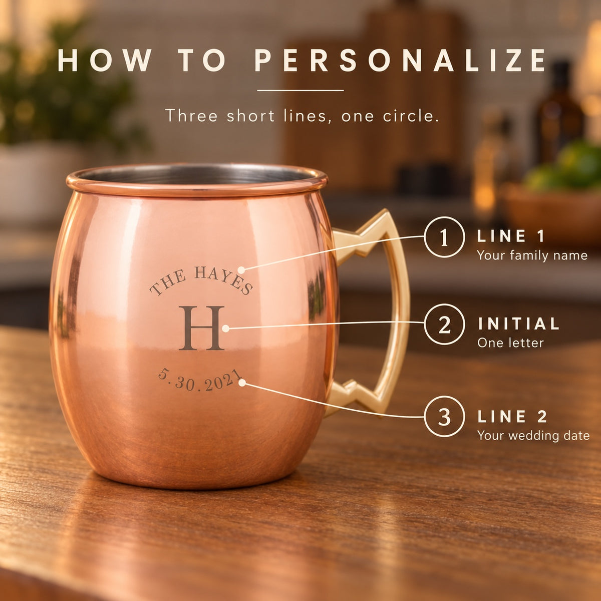 How to personalize the couple's copper mug: line 1 your family name, then one initial in the center, then line 2 your wedding date along the bottom.