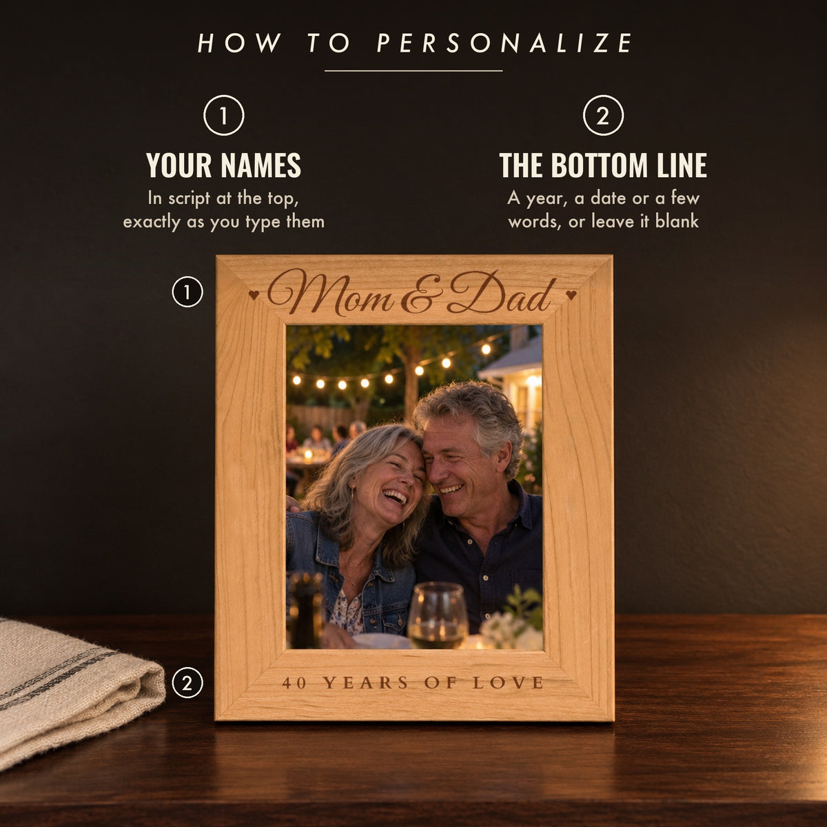 How to personalize the couples picture frame: names in script along the top and an optional bottom line, shown as Mom & Dad with 40 Years of Love