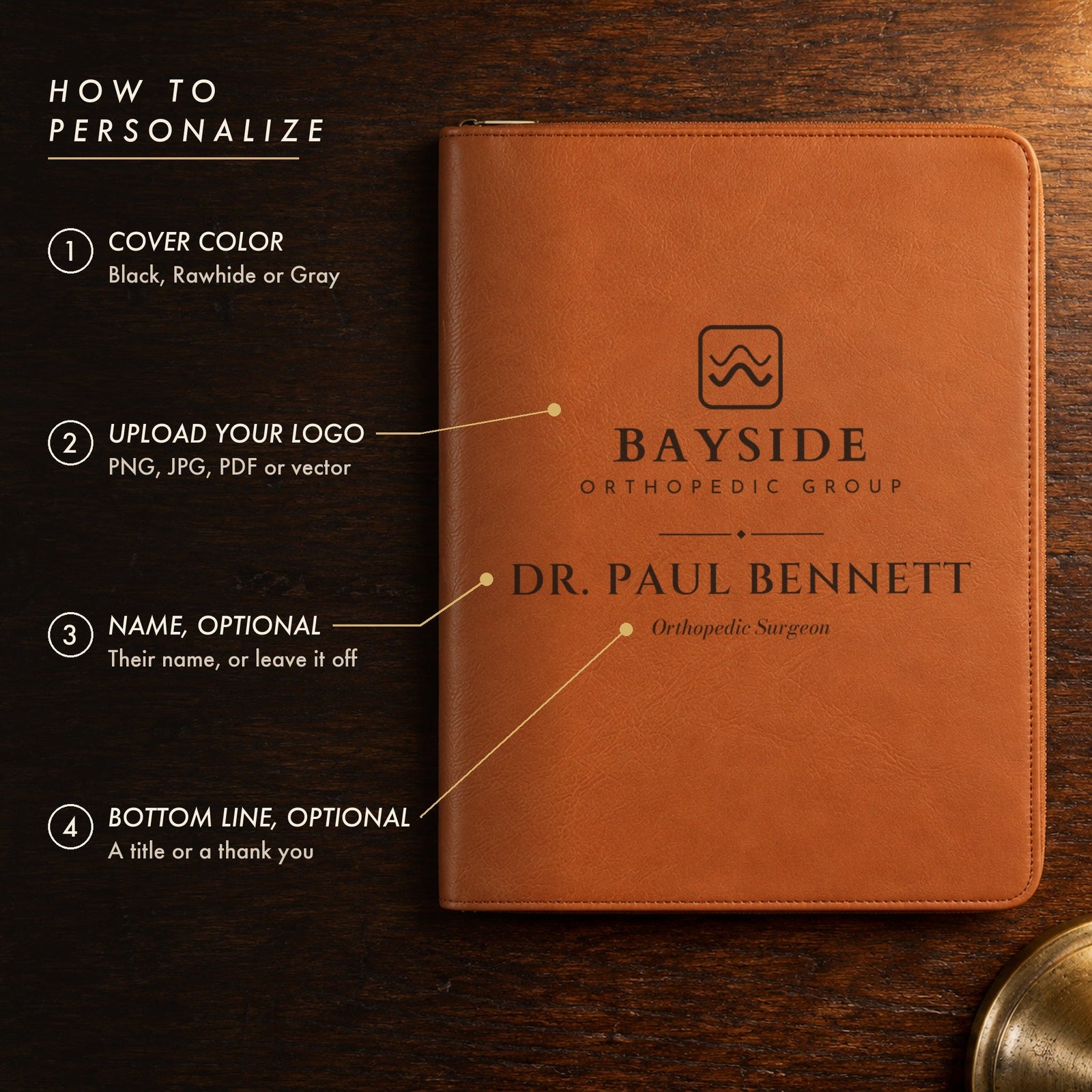 How to personalize the custom logo padfolio: pick a cover color, upload your logo, add an optional name and an optional title or thank you