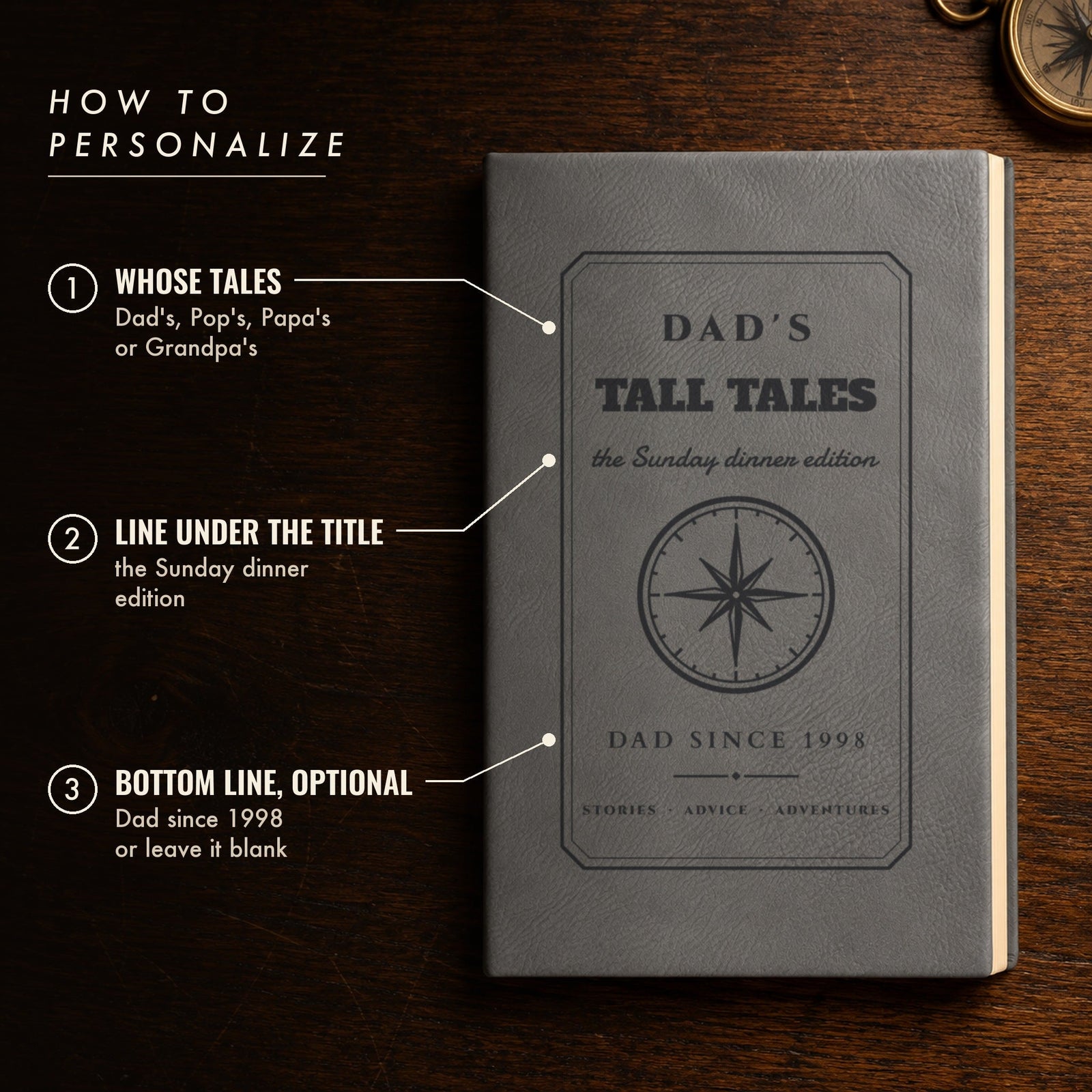 How to personalize the dad journal: choose whose tales, type the line under the title and an optional bottom line, shown as Dad's Tall Tales, the Sunday dinner edition