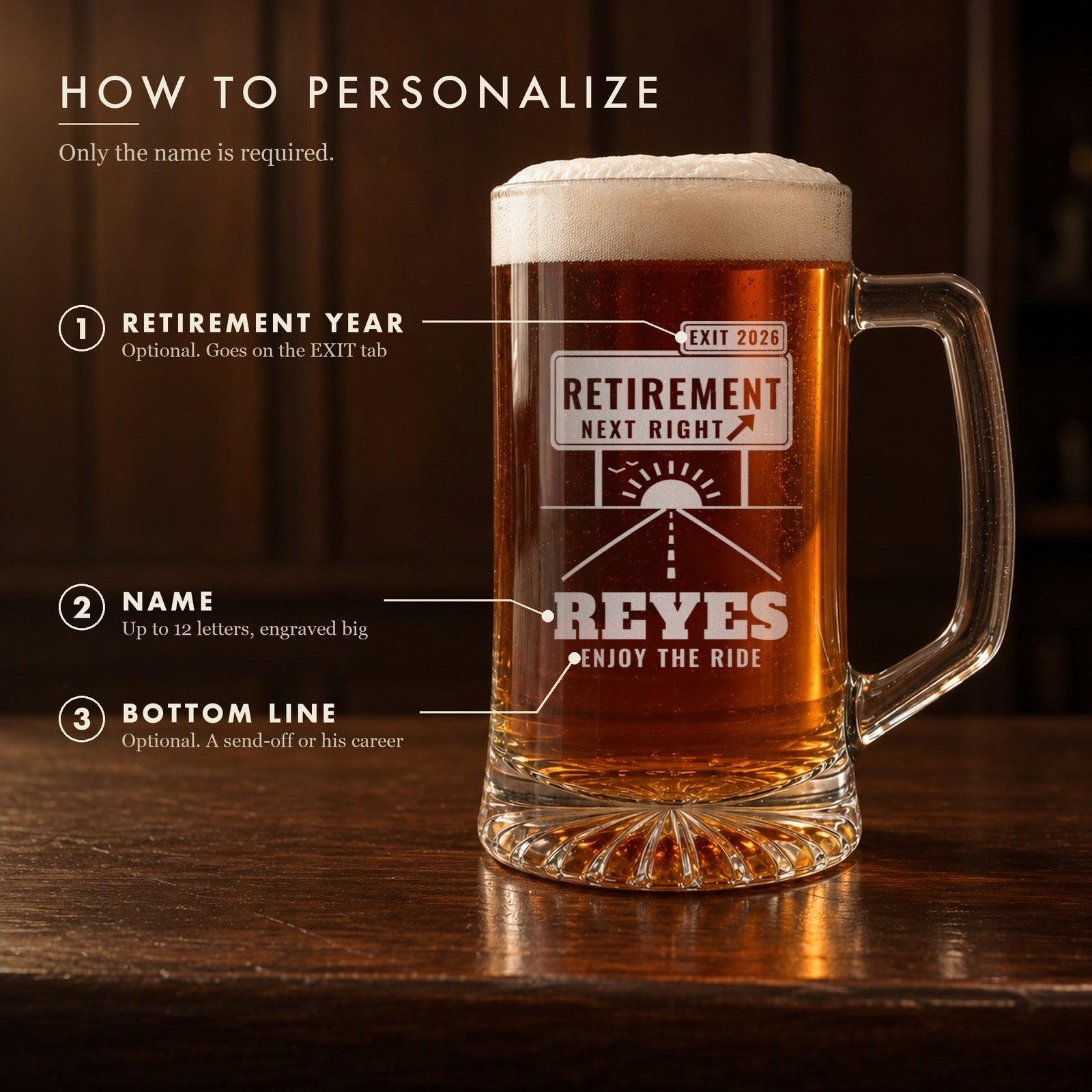 How to personalize the exit sign retirement mug on a real mug: the retirement year on the EXIT tab, his name engraved big and an optional bottom line