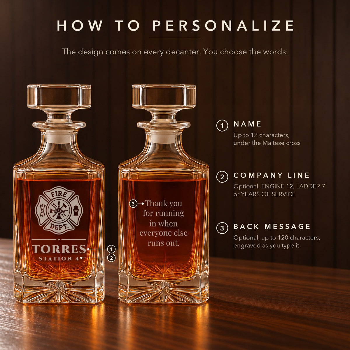 How to personalize the firefighter decanter: his name under the Maltese cross, an optional company line like Station 4, and an optional back message