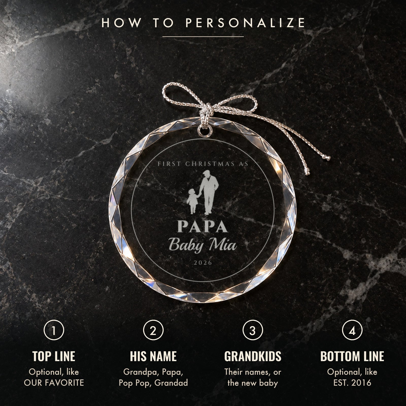 How to personalize the grandpa ornament: 1 optional top line, 2 his name like Papa or Pop Pop, 3 the grandkids, 4 optional bottom line, shown engraved FIRST CHRISTMAS AS PAPA