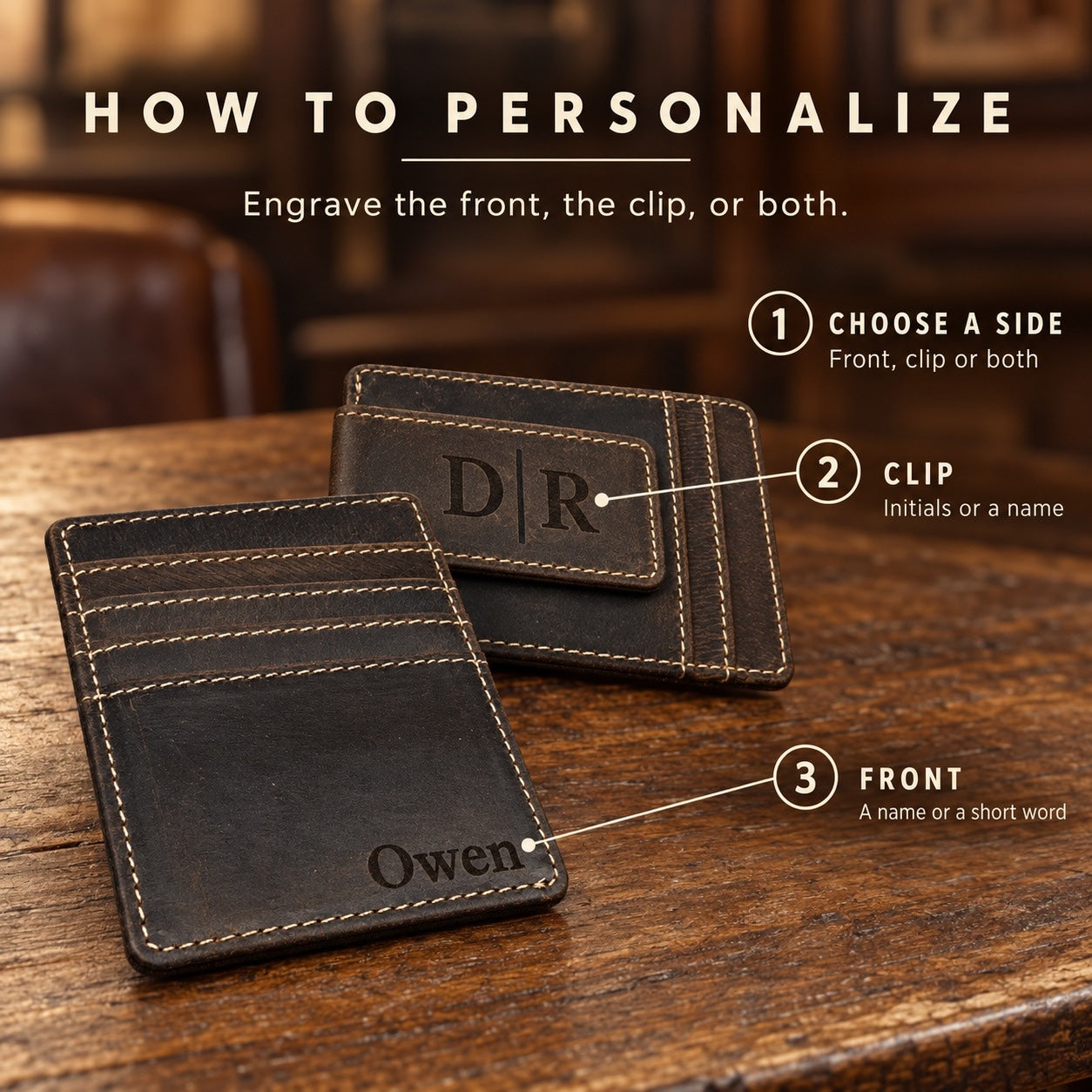 How to personalize the leather money clip: choose the front, the clip or both, then add initials like D and R on the clip and a name like Owen