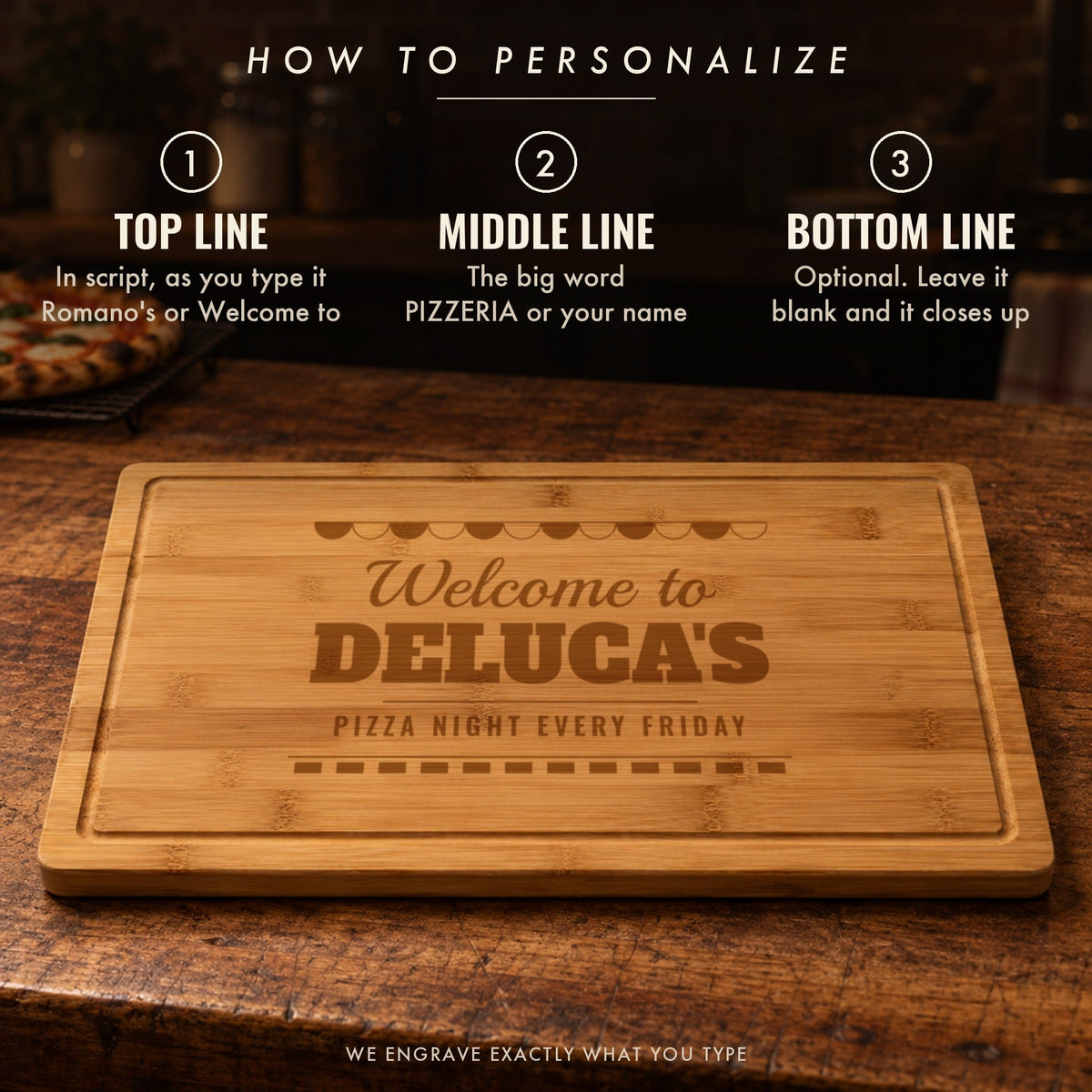 How to personalize the pizza cutting board: a script top line like Welcome to, a big middle word like DELUCA'S, and an optional bottom line
