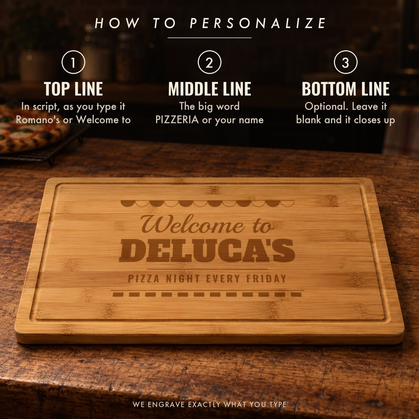 How to personalize the pizza cutting board: a script top line like Welcome to, a big middle word like DELUCA'S, and an optional bottom line