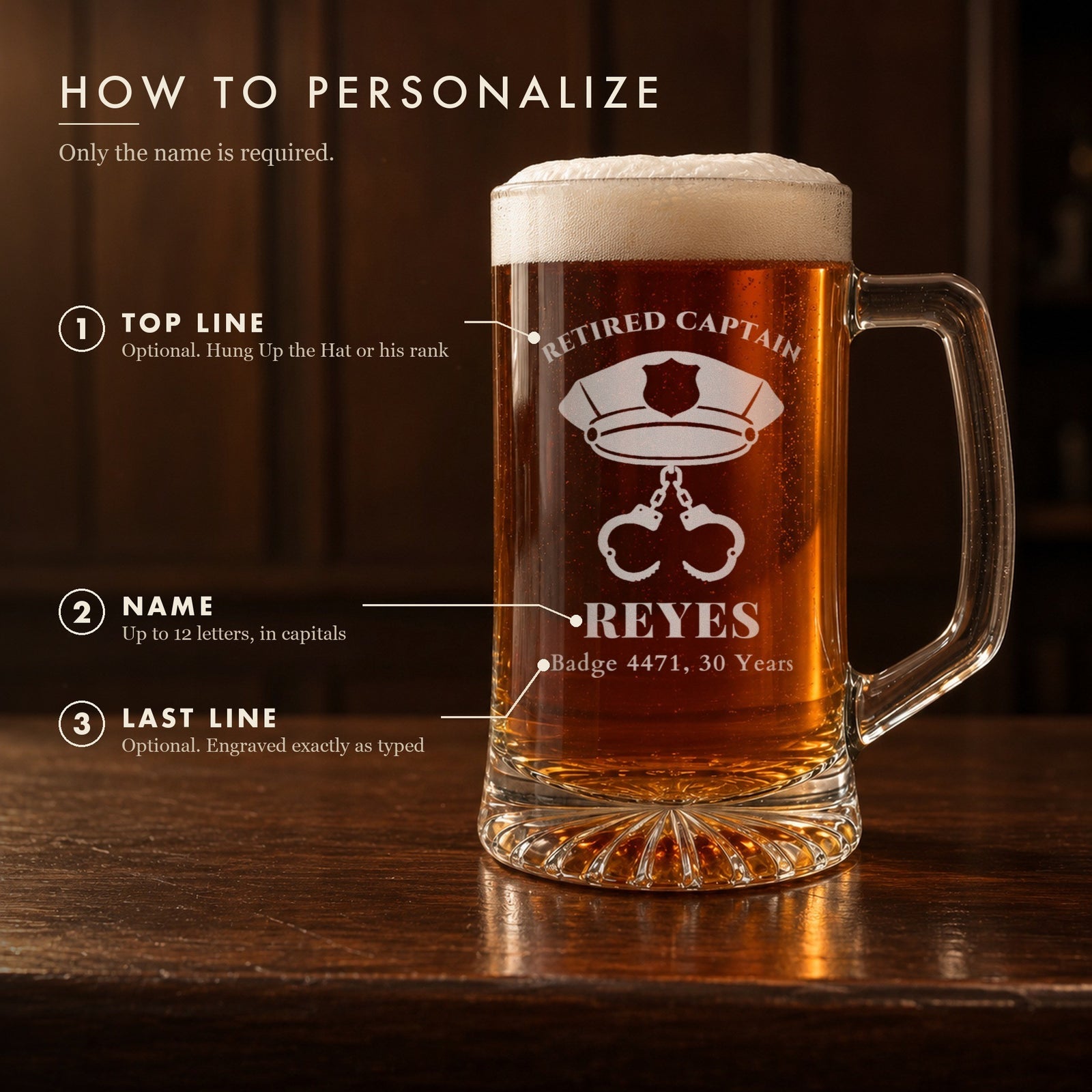 How to personalize the police retirement beer mug: an optional title over the cap, his name in capitals and a last line engraved exactly as typed