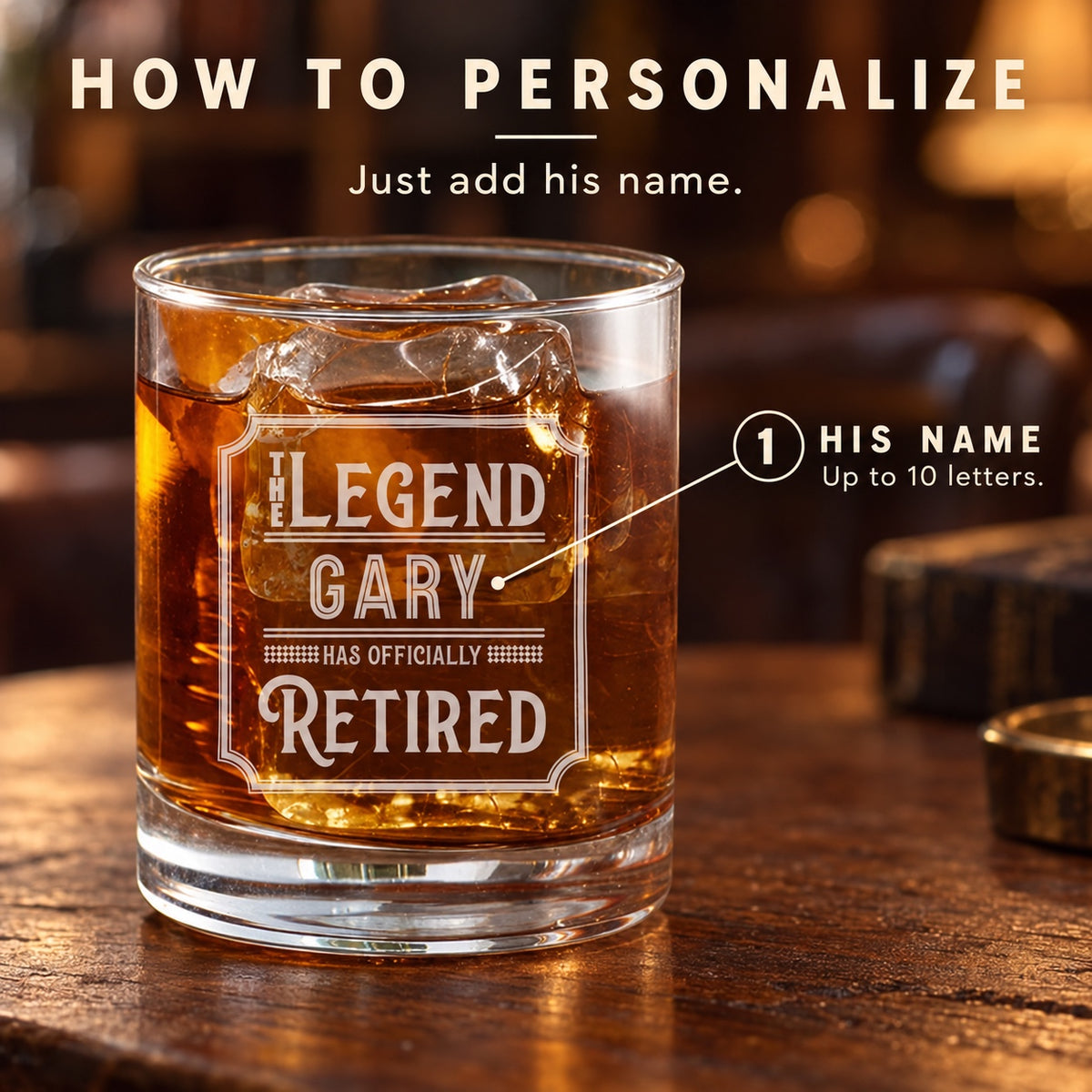 How to personalize the retirement whiskey glass: just add his name, up to 10 letters, engraved between THE LEGEND and HAS OFFICIALLY RETIRED.