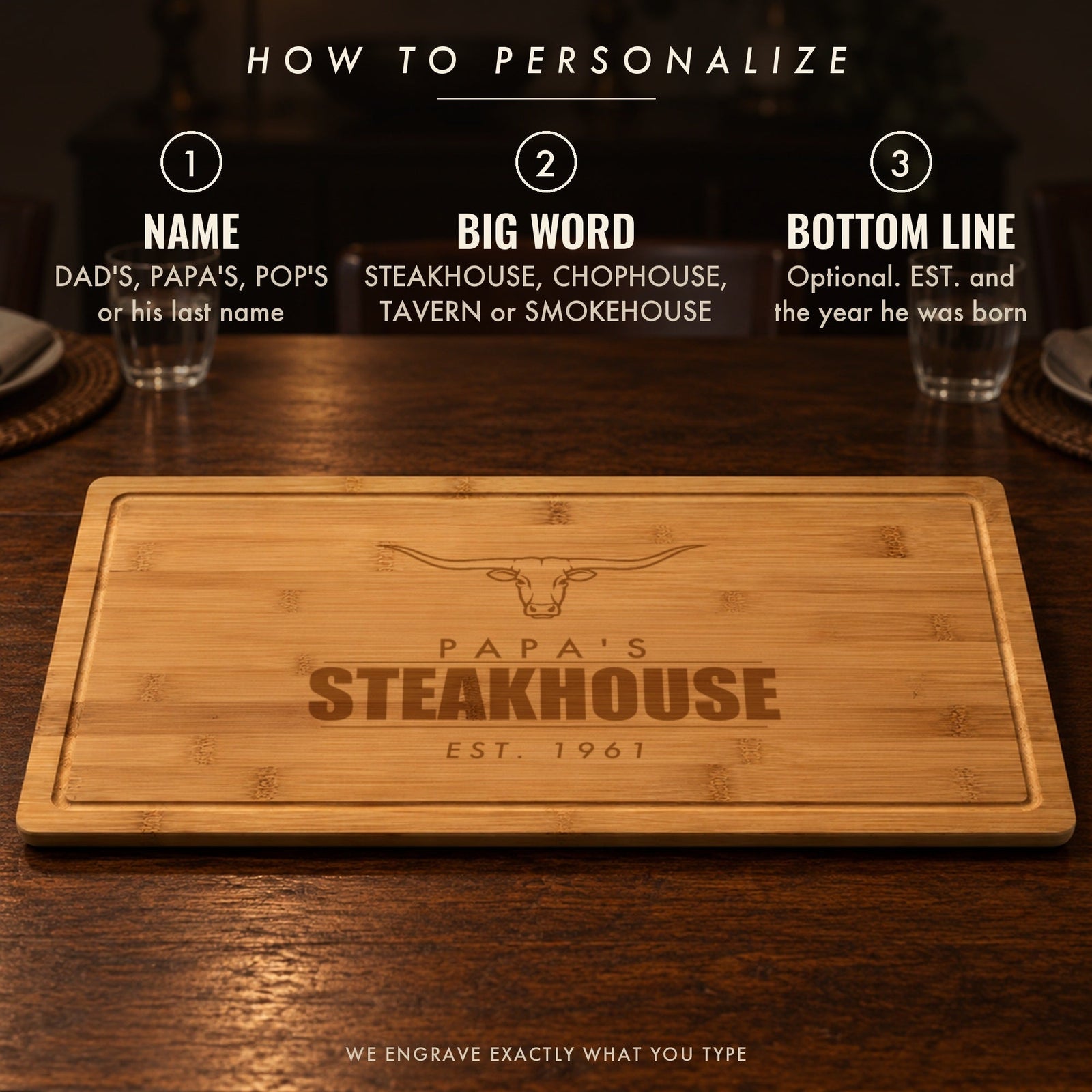 How to personalize dad's steakhouse cutting board: a name like PAPA'S, a big word like STEAKHOUSE or CHOPHOUSE, and an optional EST. year
