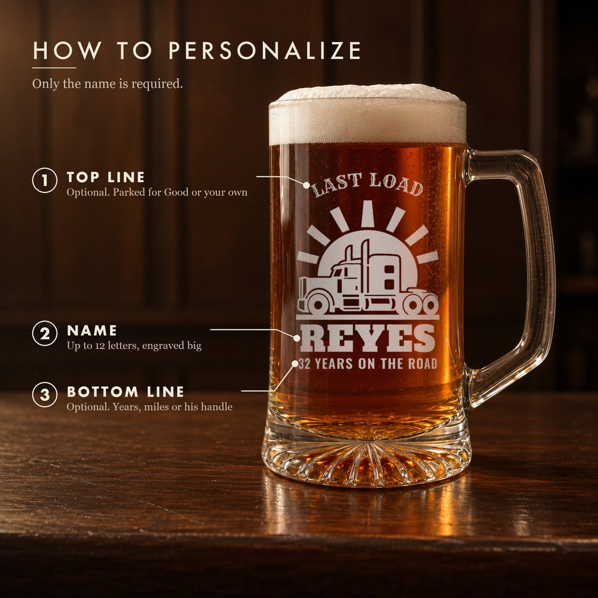 How to personalize the trucker beer stein on a real stein: an optional title over the truck, his name engraved big and an optional bottom line