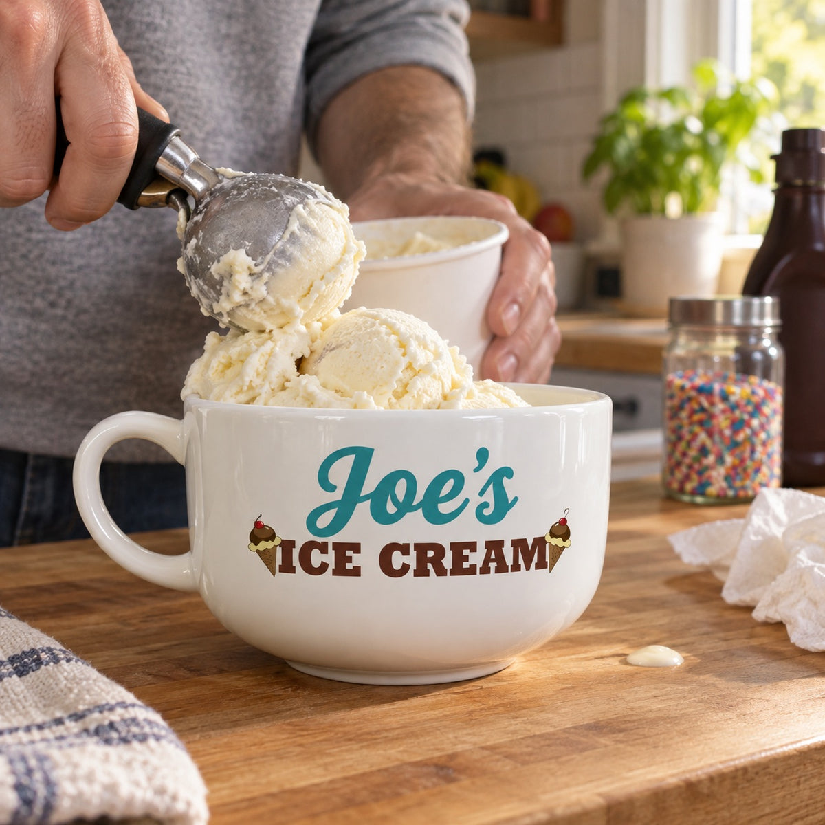 A man scoops vanilla ice cream into a huge ice cream bowl printed with Joe's on a butcher block kitchen counter on a sunny afternoon