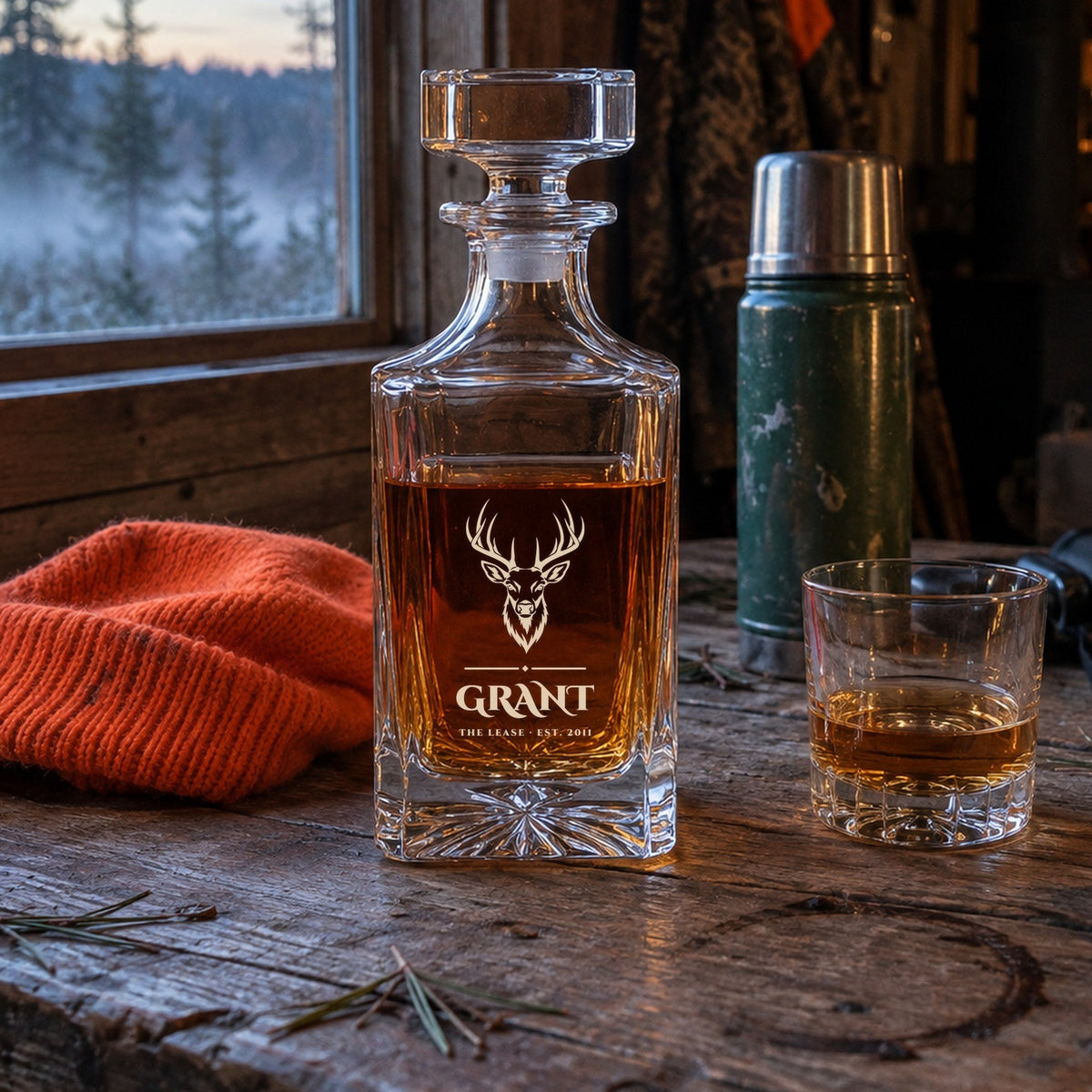 Engraved buck whiskey decanter at deer camp on opening morning beside a blaze orange hat, a thermos and a rocks glass, one of our gifts for hunters