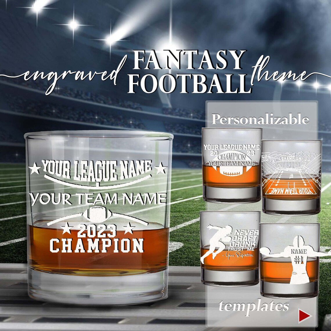 Unique Personalized Fantasy Football Whiskey Glass Customized Whiskey Glass Gifts for Men by Groovy Guy