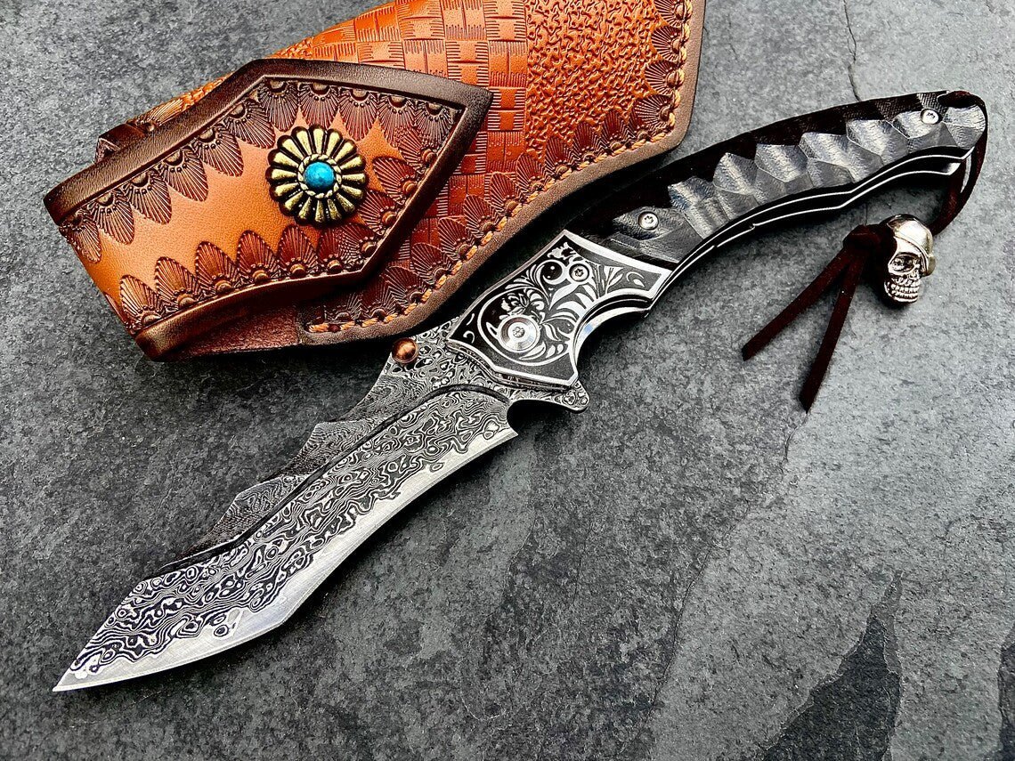 Unique Personalized Ebony Damascus Skullhead Customized Knives Gifts for Men by Groovy Guy