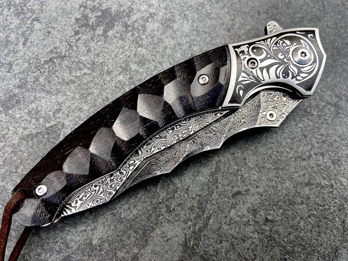 Unique Personalized Ebony Damascus Skullhead Customized Knives Gifts for Men by Groovy Guy