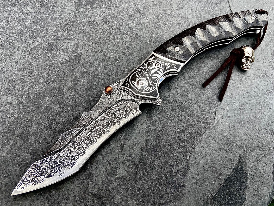 Unique Personalized Ebony Damascus Skullhead Customized Knives Gifts for Men by Groovy Guy