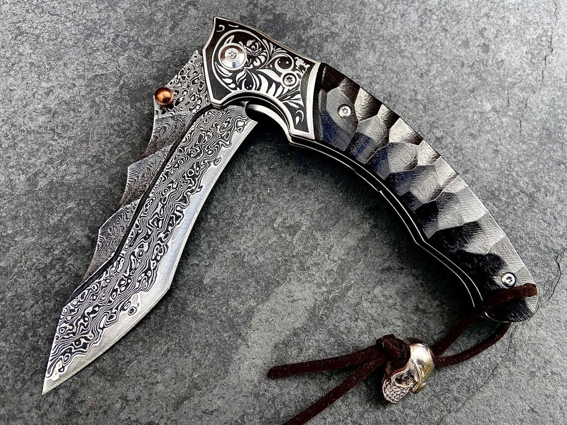 Unique Personalized Ebony Damascus Skullhead Customized Knives Gifts for Men by Groovy Guy