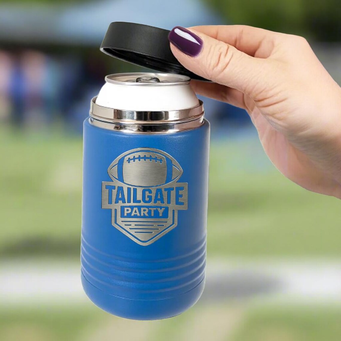 Engraved Football Can Cooler – Tailgate & Game Day Drink Holder for Men