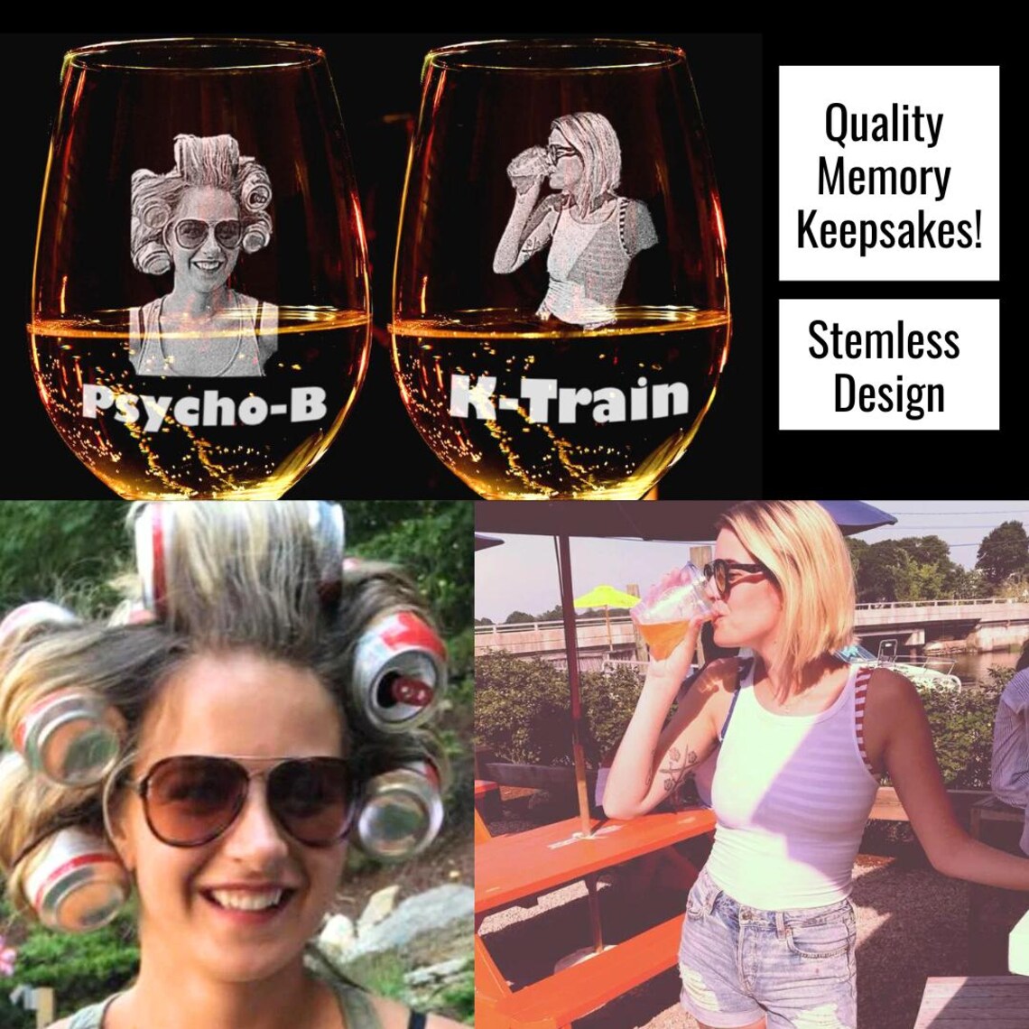 Pair of stemless wine glasses laser-engraved with sample photo portraits and custom text "Psycho-B" and "K-Train" below, filled with amber liquid, alongside lifestyle photos showing the glasses in use