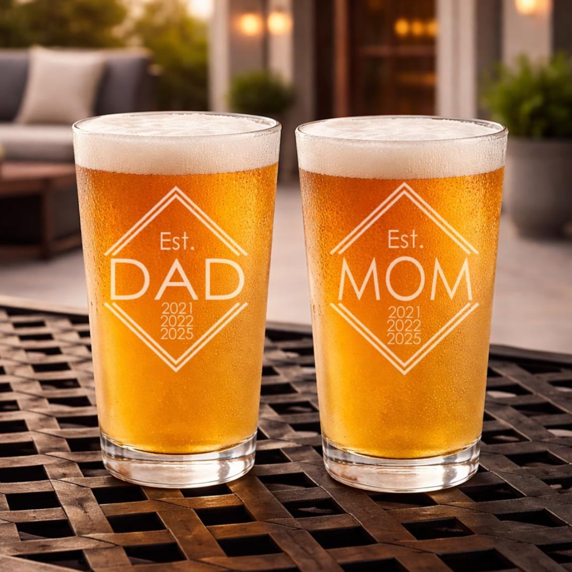 Personalized Est. Mom or Dad Engraved Glass — Whiskey, Wine, Pint, Mug, or Beer Can