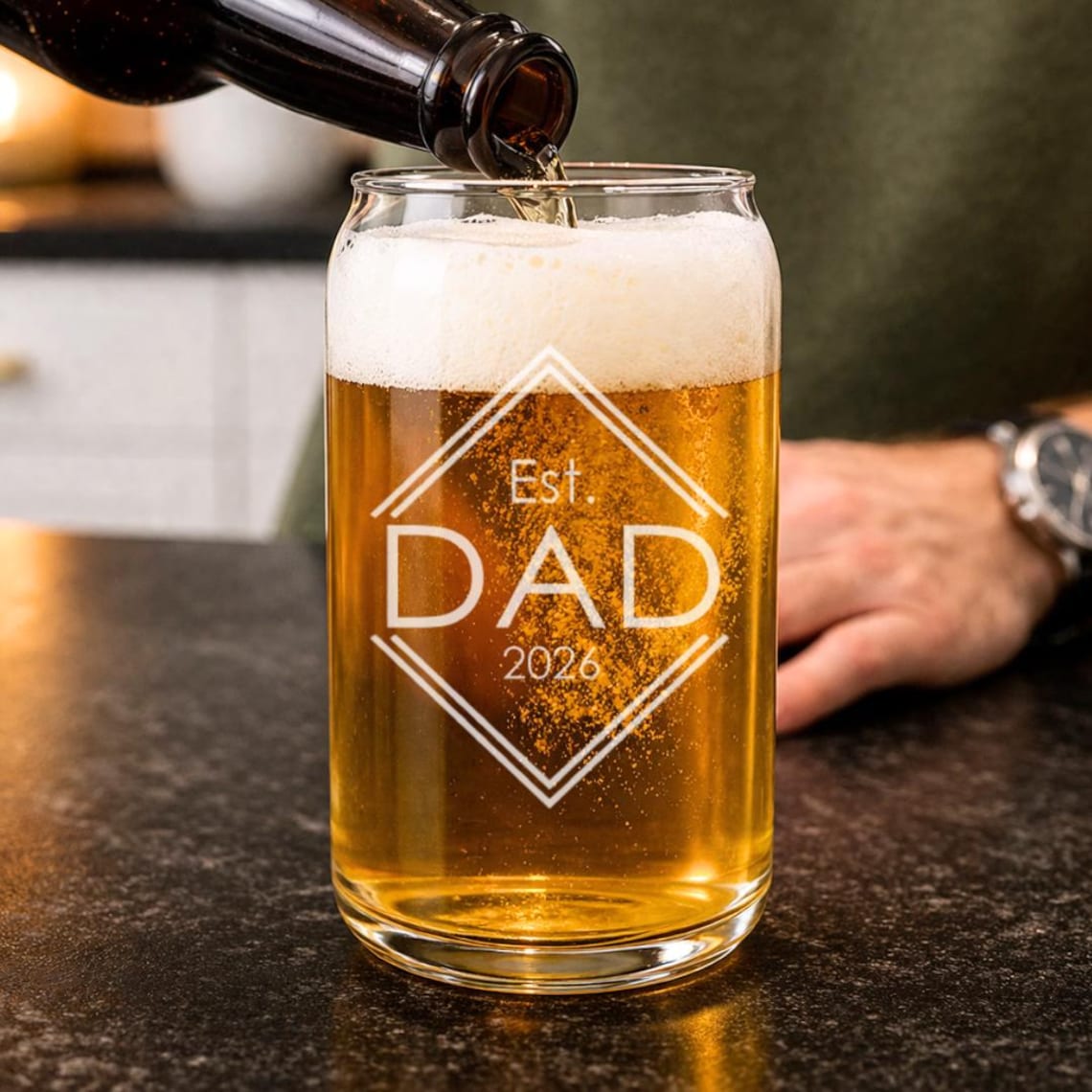 Personalized Est. Mom or Dad Engraved Glass — Whiskey, Wine, Pint, Mug, or Beer Can