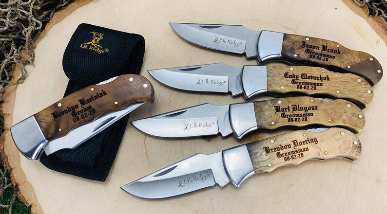 Unique Personalized Engraved Burlwood Pocket Knife Customized Knife Gifts for Men by Groovy Guy