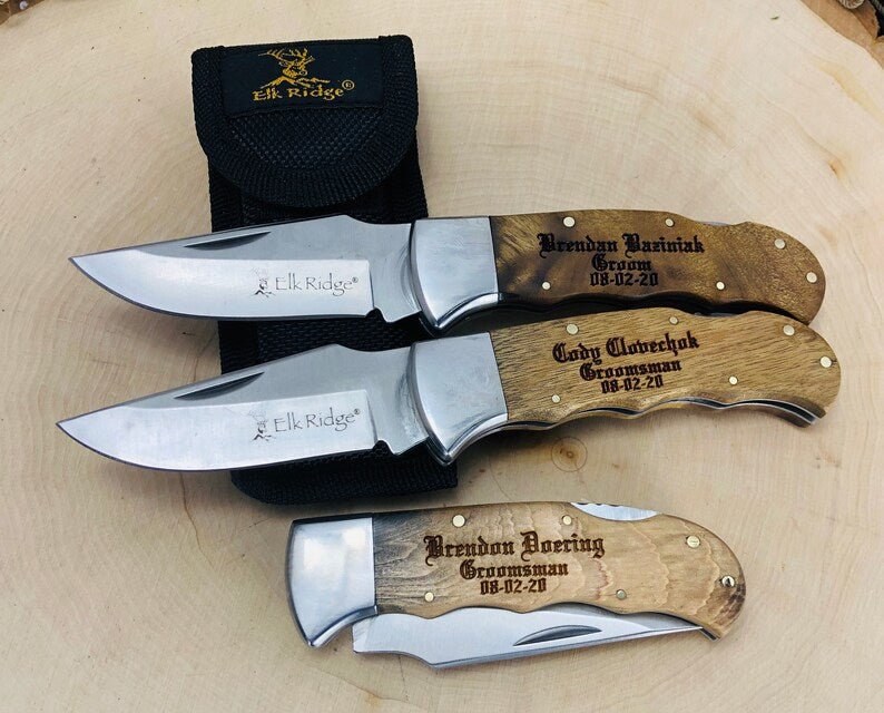 Unique Personalized Engraved Burlwood Pocket Knife Customized Knife Gifts for Men by Groovy Guy