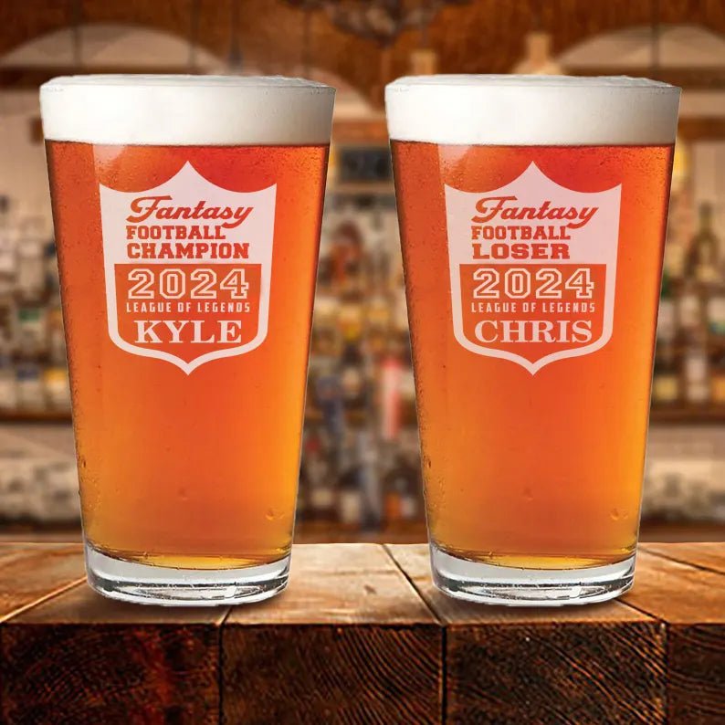 Unique Personalized Fantasy Football Pint Glass Customized Drinkware Gifts for Men by Groovy Guy