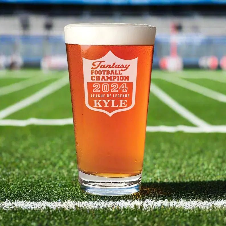 Unique Personalized Fantasy Football Pint Glass Customized Drinkware Gifts for Men by Groovy Guy