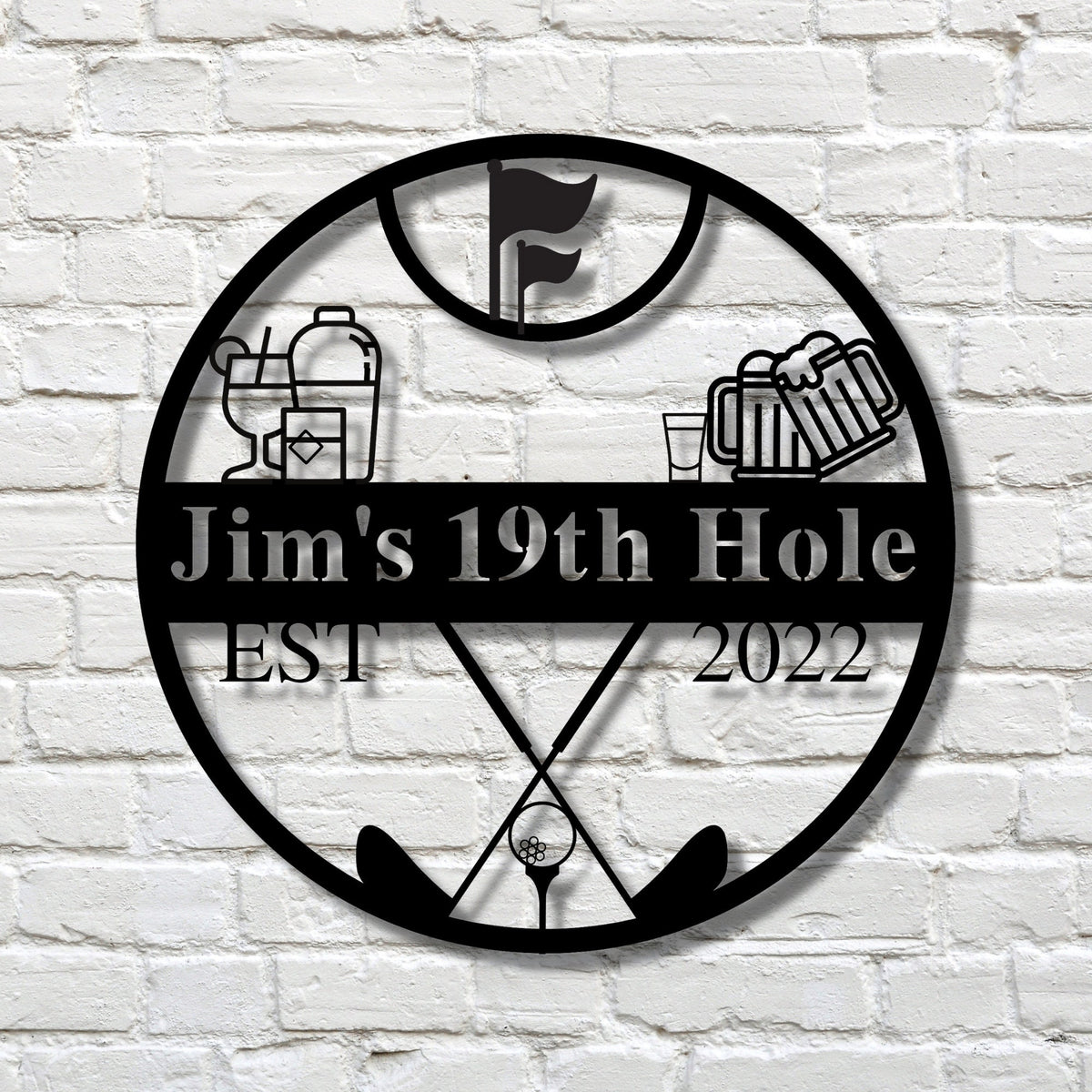 Personalized 19th hole metal pub sign with custom name and established year, golf flag and crossed clubs design, on a white brick wall