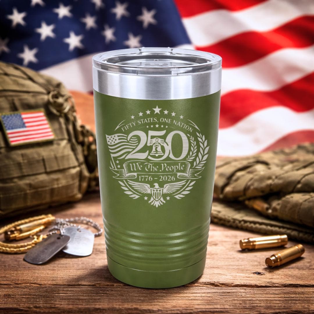 Patriotic tumbler engraving detail on stainless steel